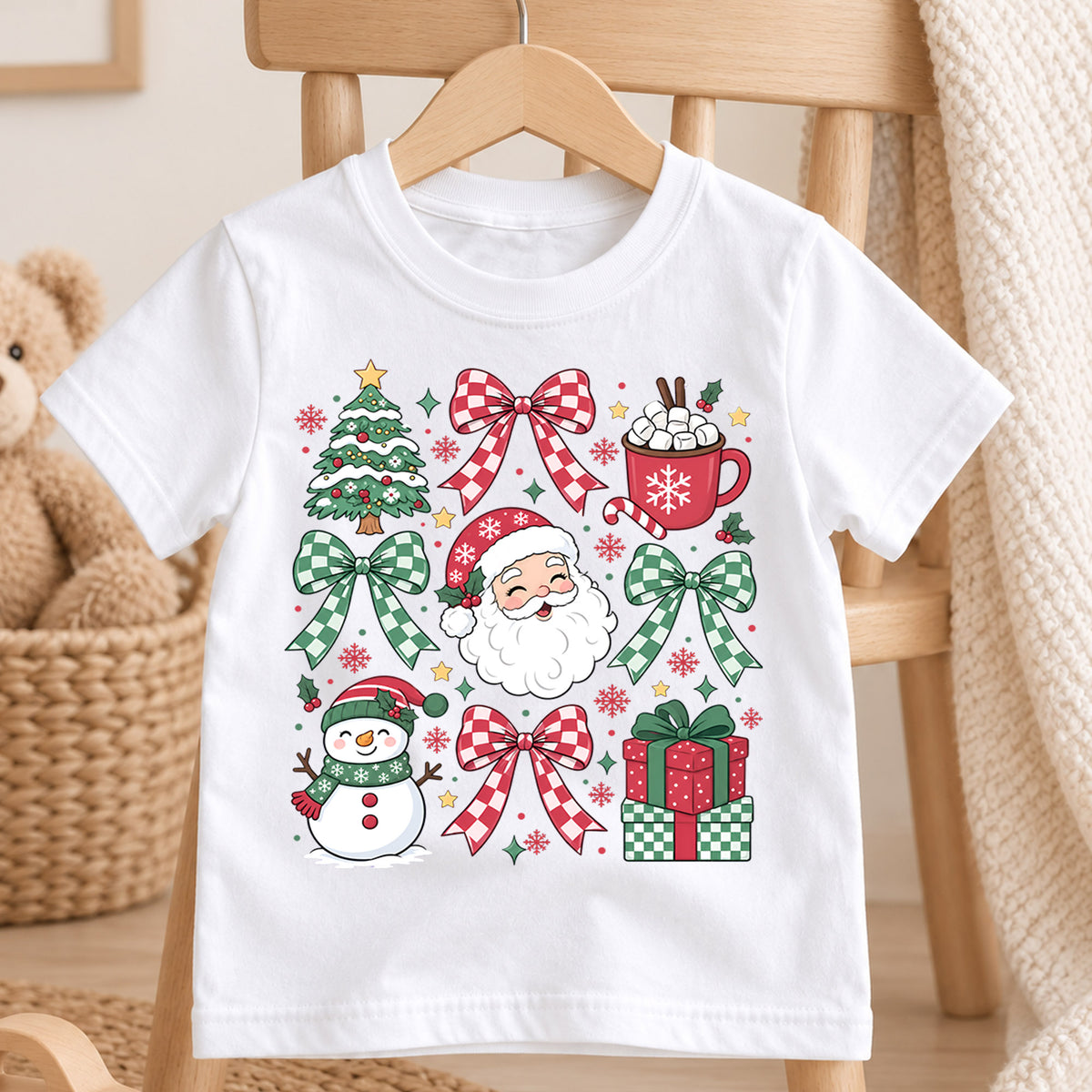 Christmas Bow Collage Kids Shirt, Santa Snowman Hot Cocoa Tee, Red Green Holiday Outfit for Boys Girls, Cute Festive Christmas Gift for Kids — product view 4