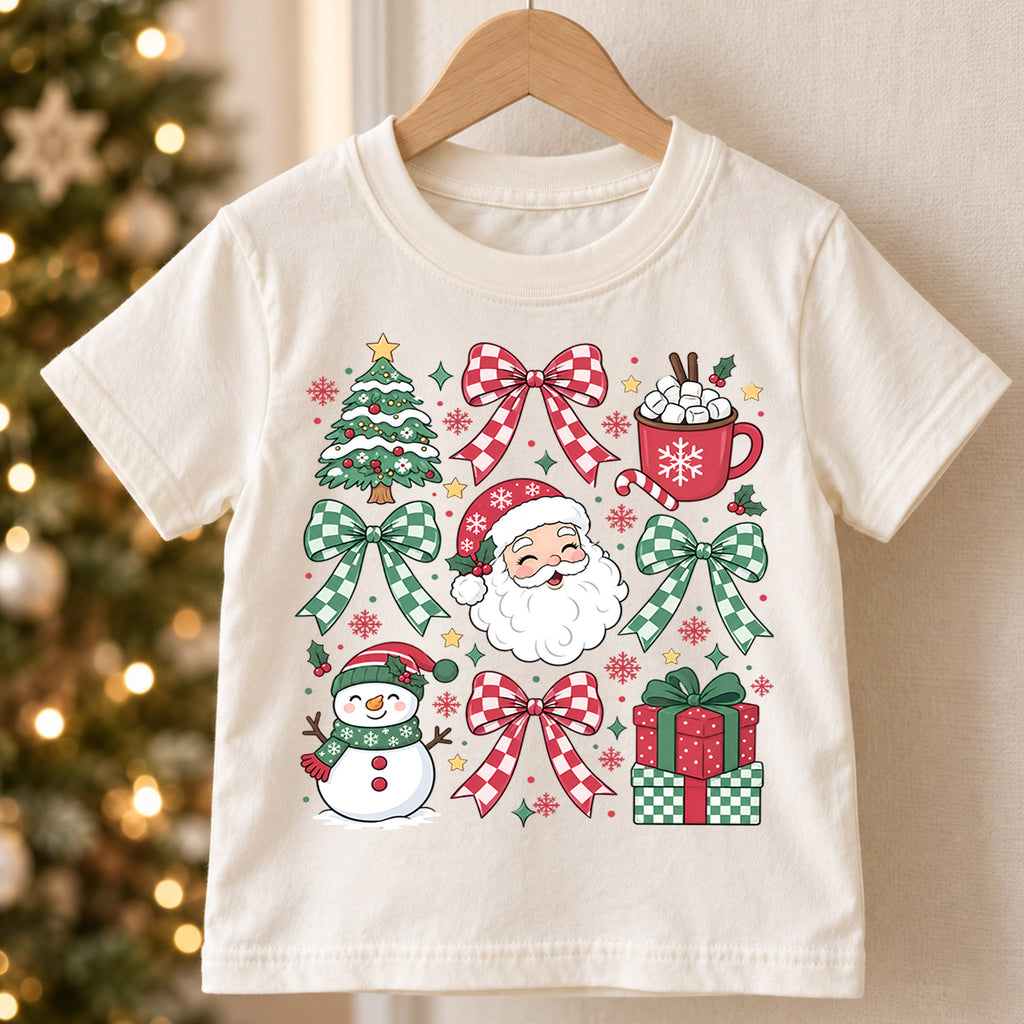 Christmas Bow Collage Kids Shirt, Santa Snowman Hot Cocoa Tee, Red Green Holiday Outfit for Boys Girls, Cute Festive Christmas Gift for Kids — product view 5