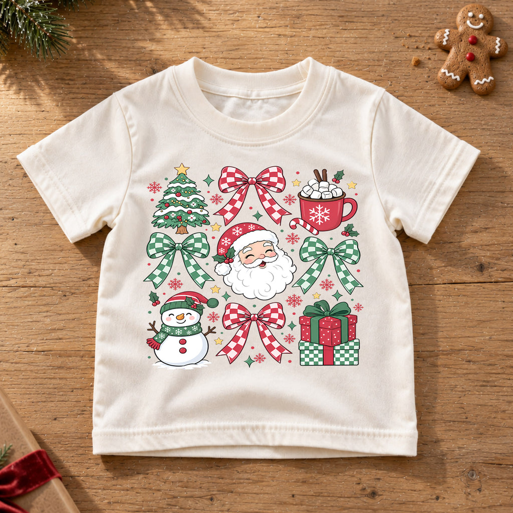 Christmas Bow Collage Kids Shirt, Santa Snowman Hot Cocoa Tee, Red Green Holiday Outfit for Boys Girls, Cute Festive Christmas Gift for Kids — product view 6