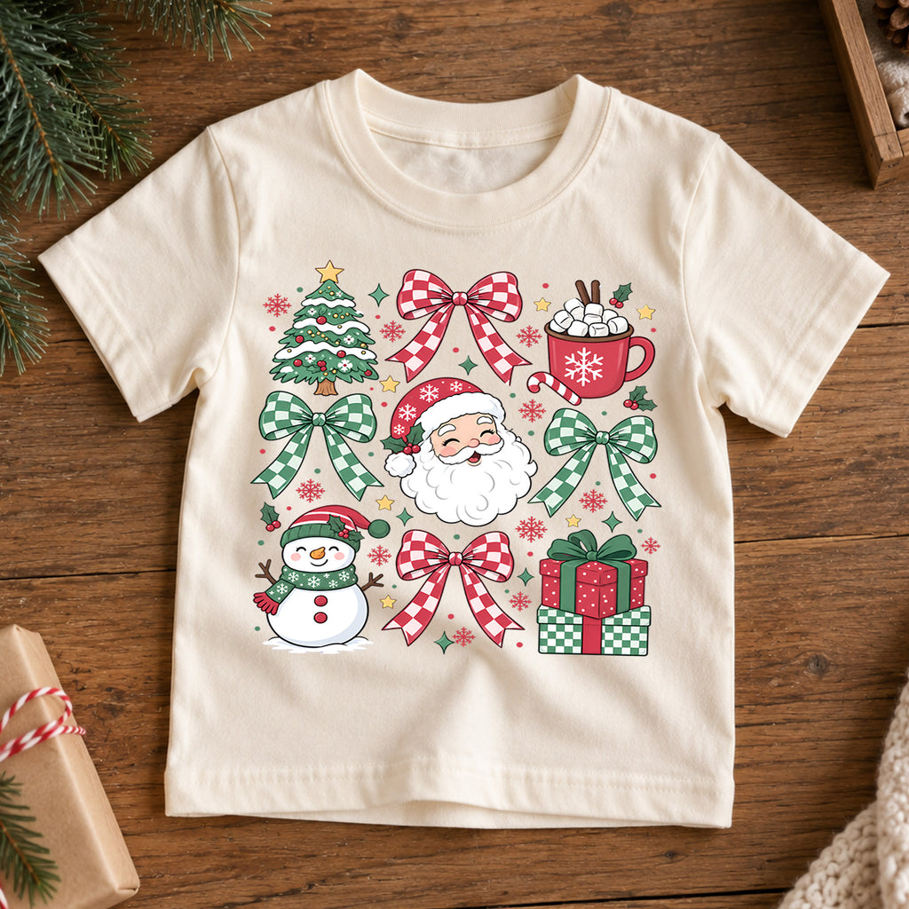 Christmas Bow Collage Kids Shirt, Santa Snowman Hot Cocoa Tee, Red Green Holiday Outfit for Boys Girls, Cute Festive Christmas Gift for Kids — product view 7