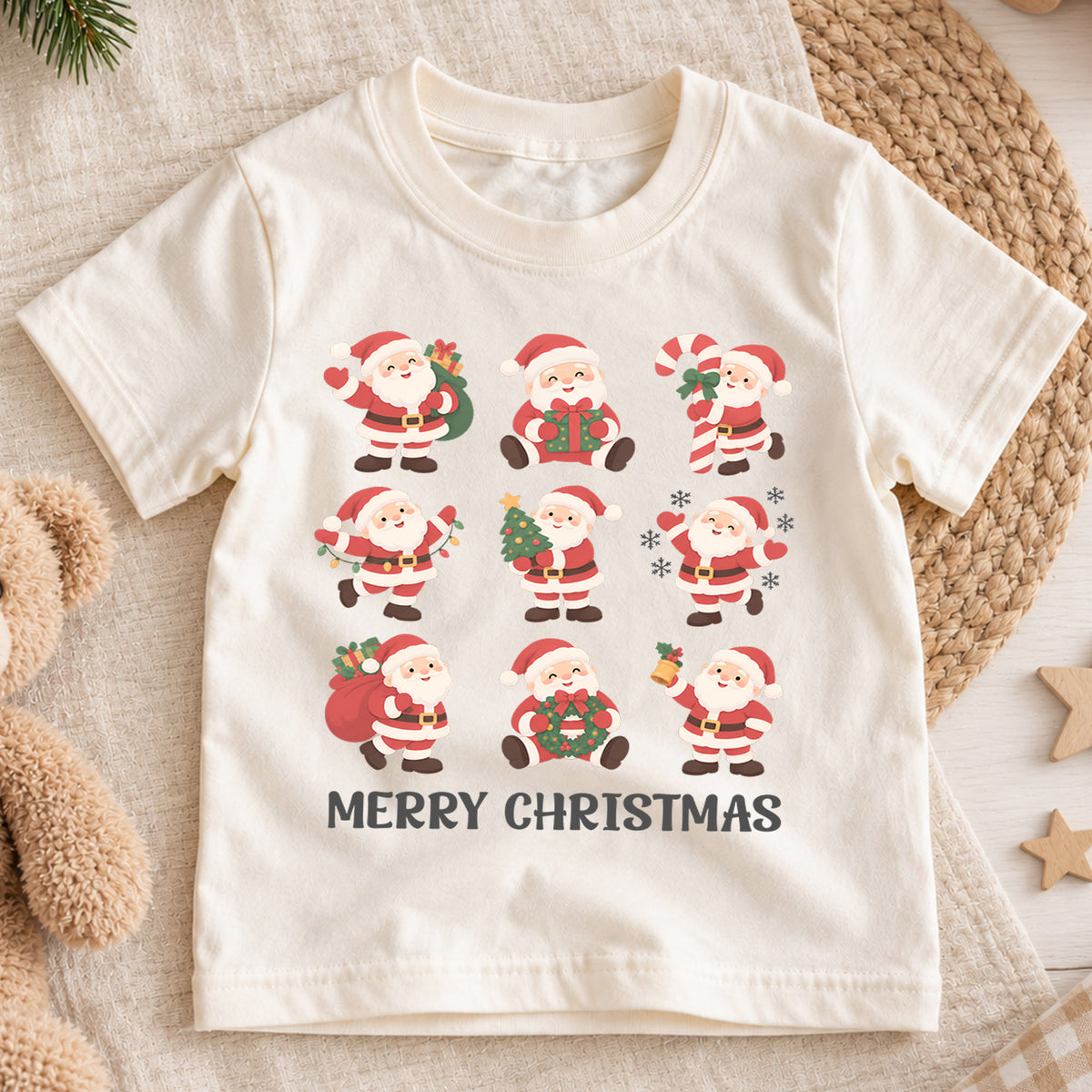 Santa Bow Christmas Kids Shirt, Snowman Hot Cocoa Tree Tee, Cute Red Green Holiday Collage Outfit for Boys Girls, Christmas Gift for Kids — product view 1