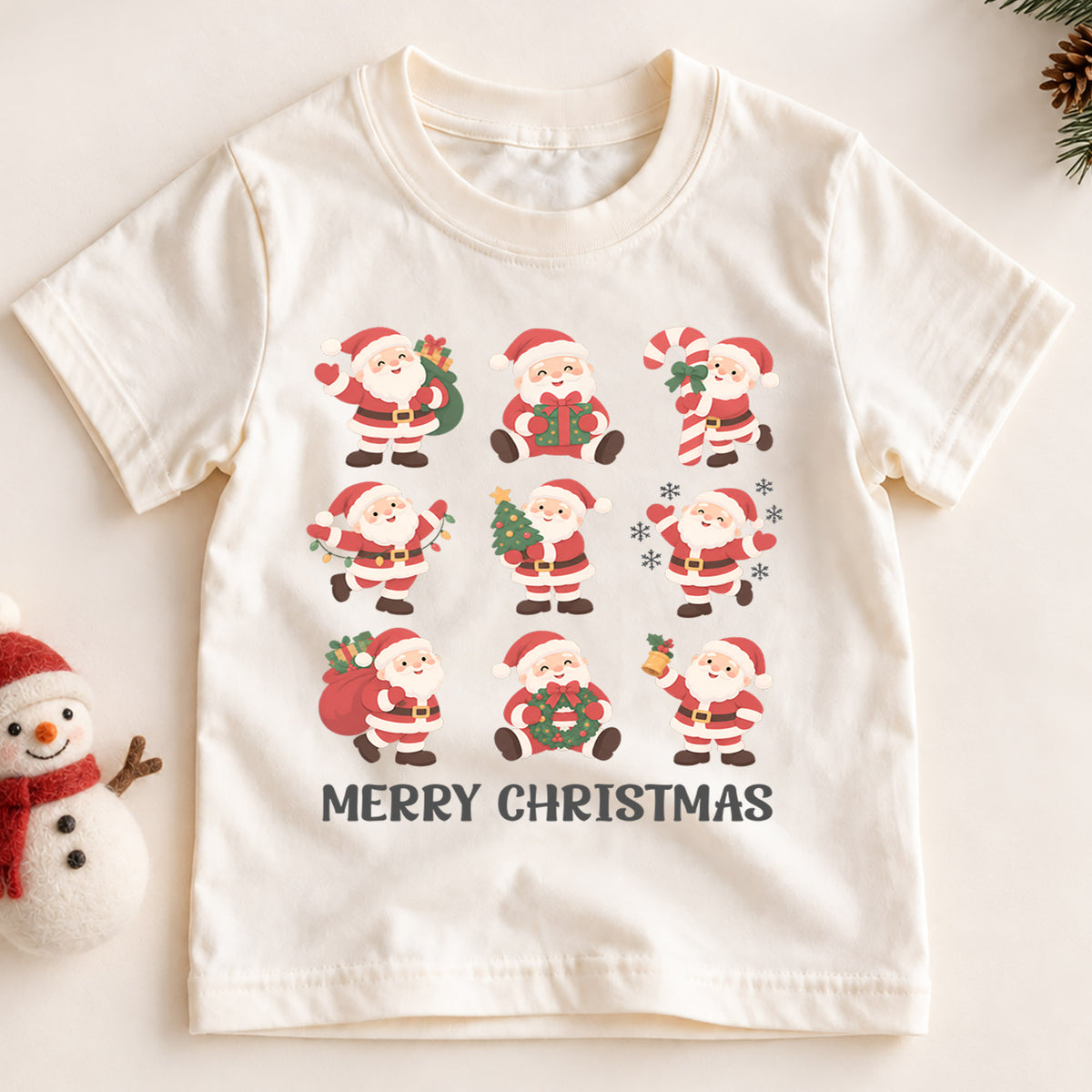 Santa Bow Christmas Kids Shirt, Snowman Hot Cocoa Tree Tee, Cute Red Green Holiday Collage Outfit for Boys Girls, Christmas Gift for Kids — product view 2