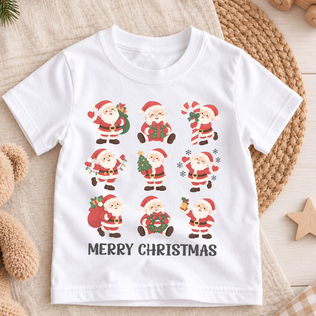 Santa Bow Christmas Kids Shirt, Snowman Hot Cocoa Tree Tee, Cute Red Green Holiday Collage Outfit for Boys Girls, Christmas Gift for Kids — product view 3