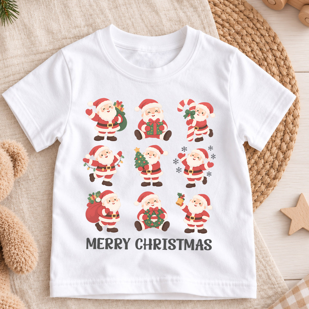 Santa Bow Christmas Kids Shirt, Snowman Hot Cocoa Tree Tee, Cute Red Green Holiday Collage Outfit for Boys Girls, Christmas Gift for Kids — product view 3