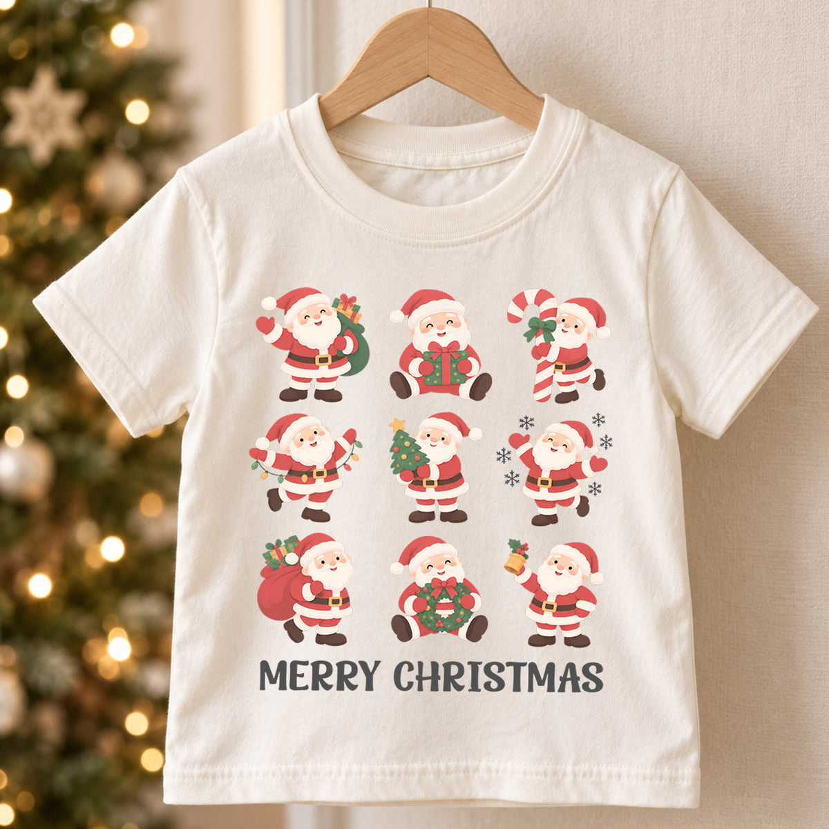 Santa Bow Christmas Kids Shirt, Snowman Hot Cocoa Tree Tee, Cute Red Green Holiday Collage Outfit for Boys Girls, Christmas Gift for Kids — product view 5