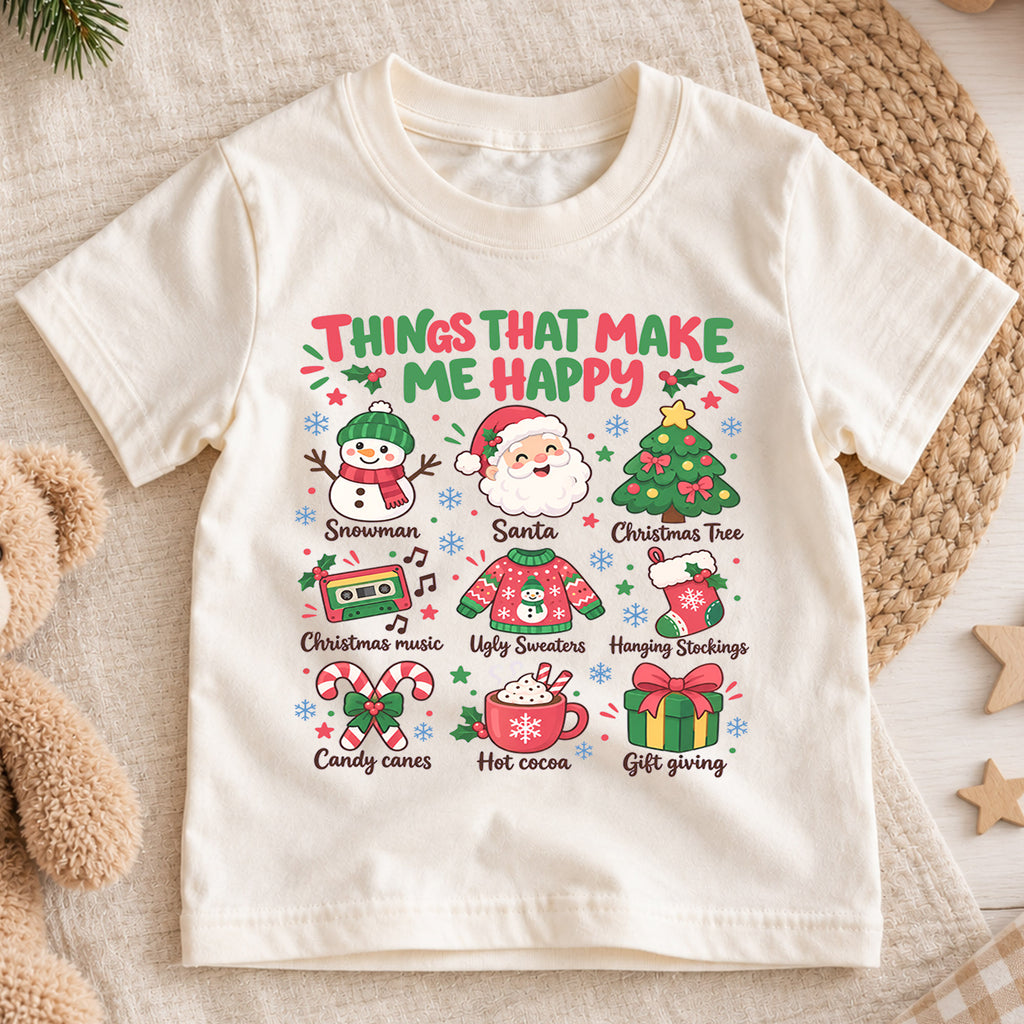 Things That Make Me Happy Christmas Kids Shirt, Santa Snowman Holiday Tee, Cute Christmas Favorites Shirt, Festive Xmas Gift for Kids — product view 1