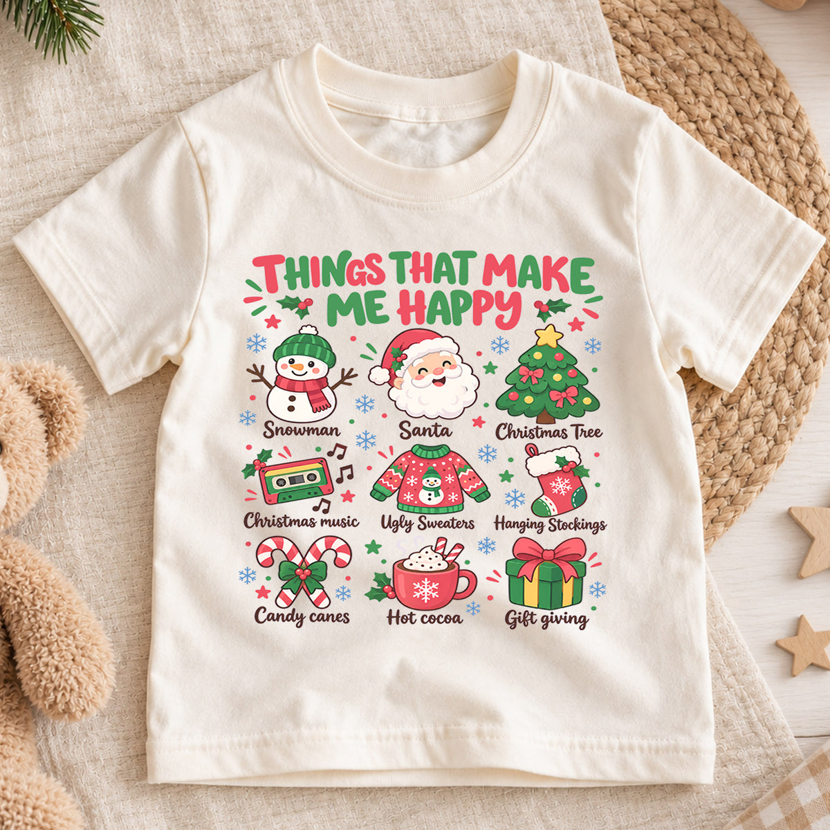 Things That Make Me Happy Christmas Kids Shirt, Santa Snowman Holiday Tee, Cute Christmas Favorites Shirt, Festive Xmas Gift for Kids — product view 1