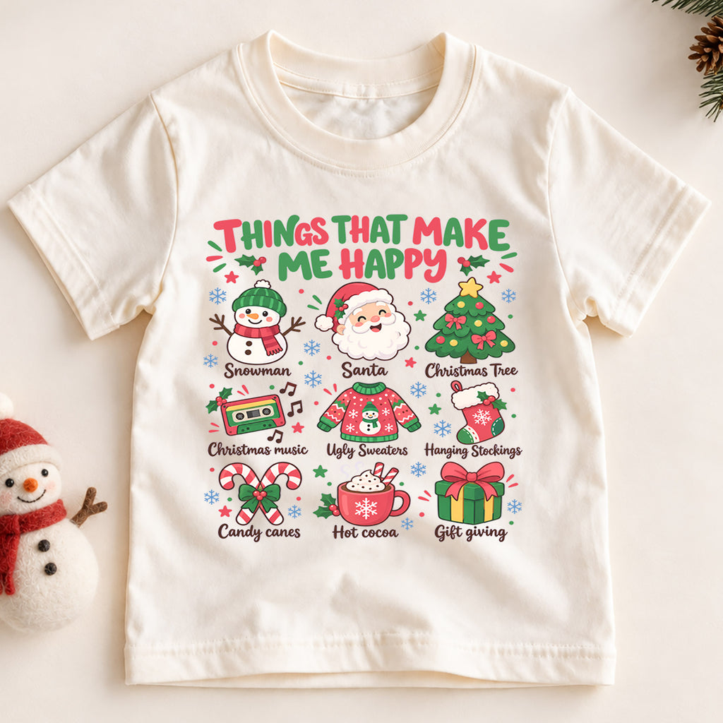 Things That Make Me Happy Christmas Kids Shirt, Santa Snowman Holiday Tee, Cute Christmas Favorites Shirt, Festive Xmas Gift for Kids — product view 2