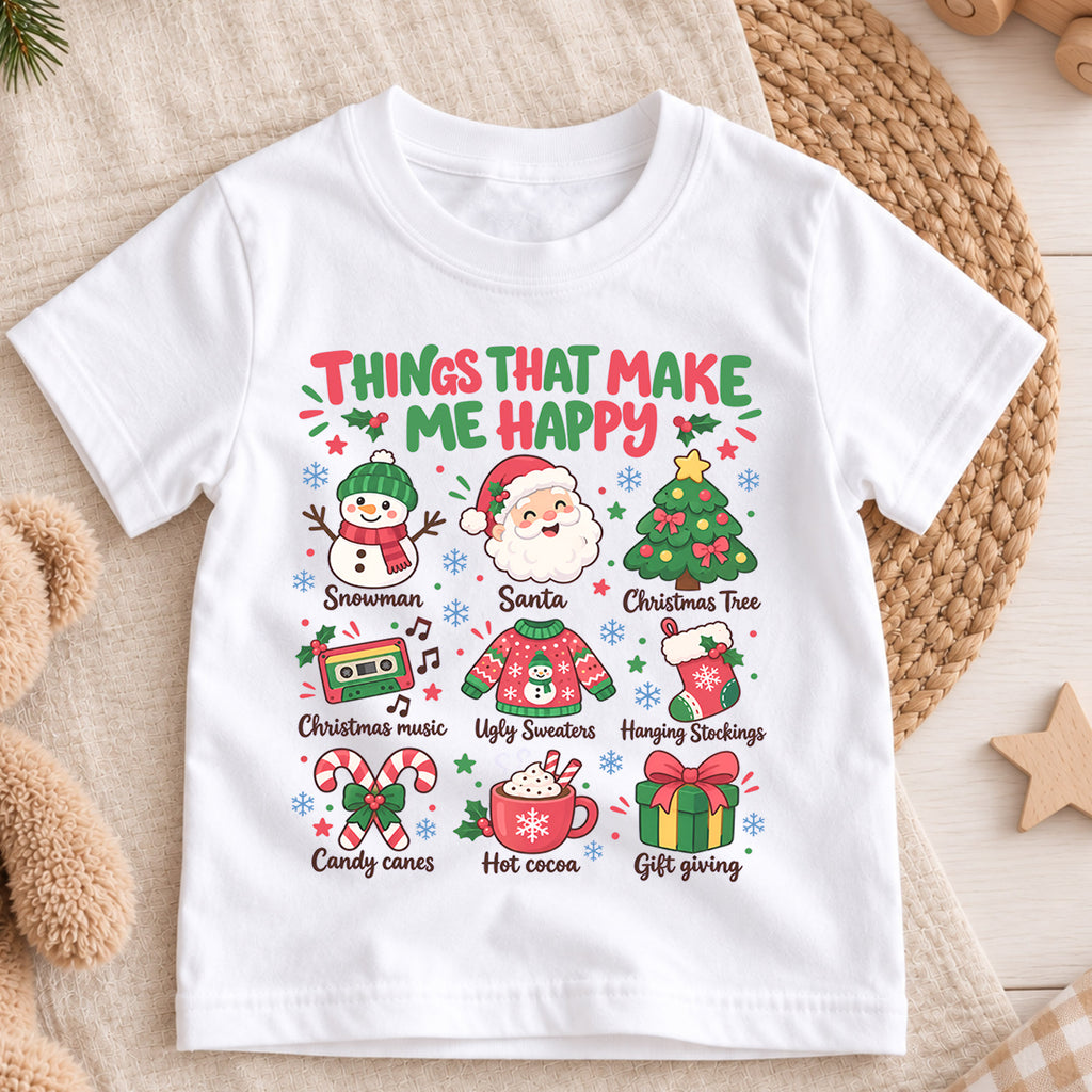 Things That Make Me Happy Christmas Kids Shirt, Santa Snowman Holiday Tee, Cute Christmas Favorites Shirt, Festive Xmas Gift for Kids — product view 3