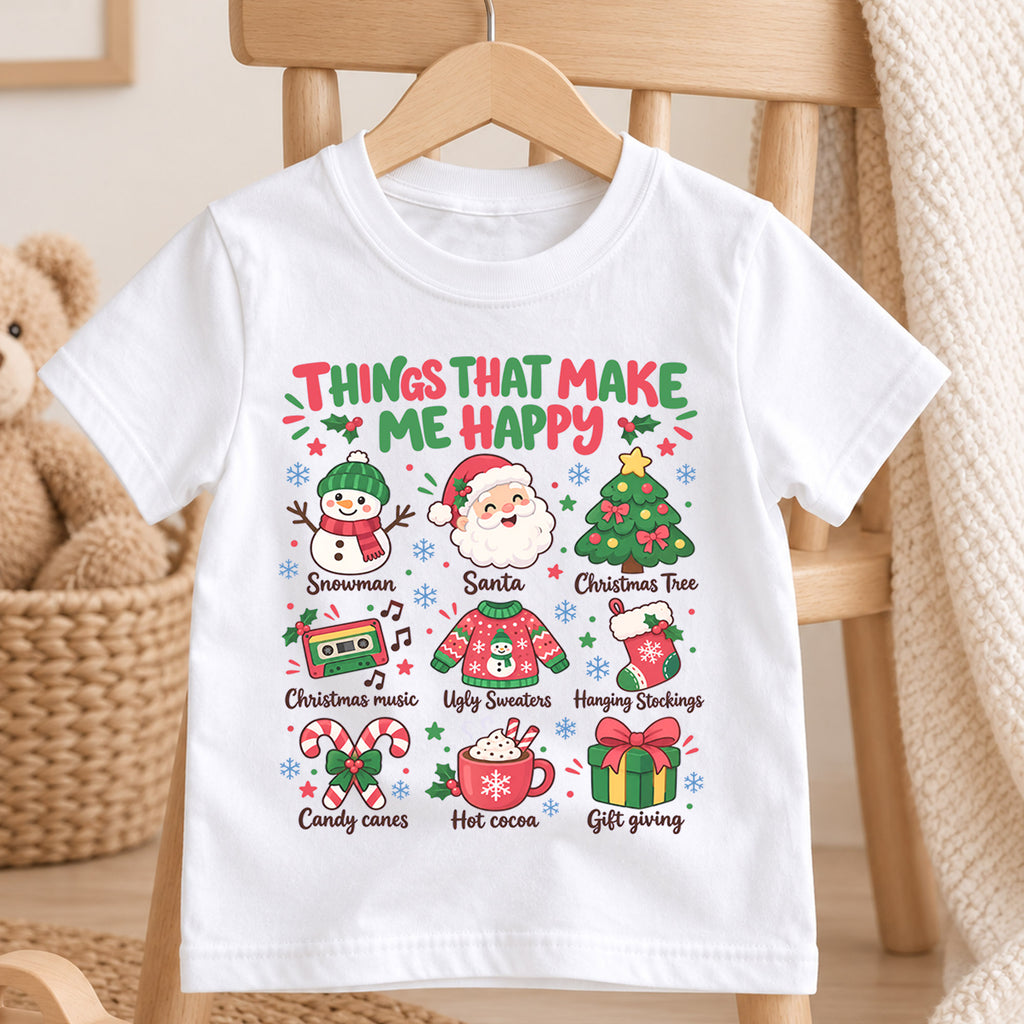 Things That Make Me Happy Christmas Kids Shirt, Santa Snowman Holiday Tee, Cute Christmas Favorites Shirt, Festive Xmas Gift for Kids — product view 4