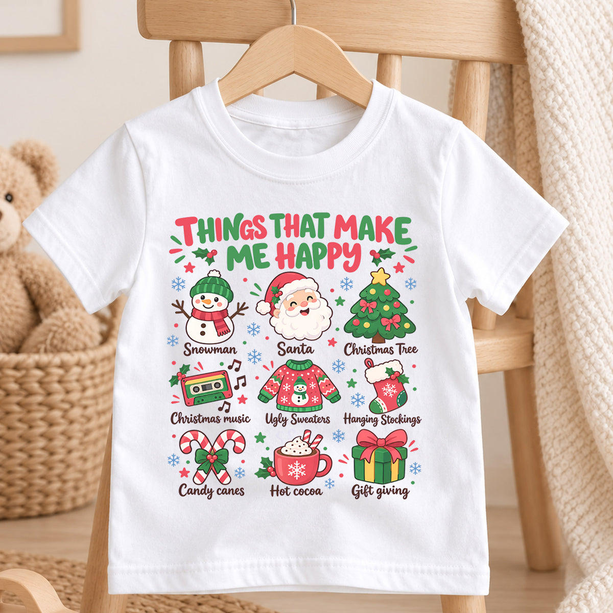 Things That Make Me Happy Christmas Kids Shirt, Santa Snowman Holiday Tee, Cute Christmas Favorites Shirt, Festive Xmas Gift for Kids — product view 4