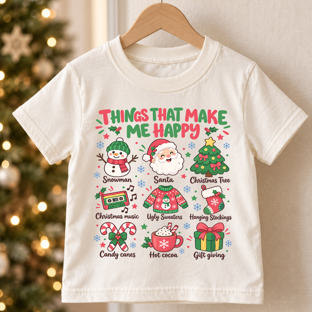 Things That Make Me Happy Christmas Kids Shirt, Santa Snowman Holiday Tee, Cute Christmas Favorites Shirt, Festive Xmas Gift for Kids — product view 5