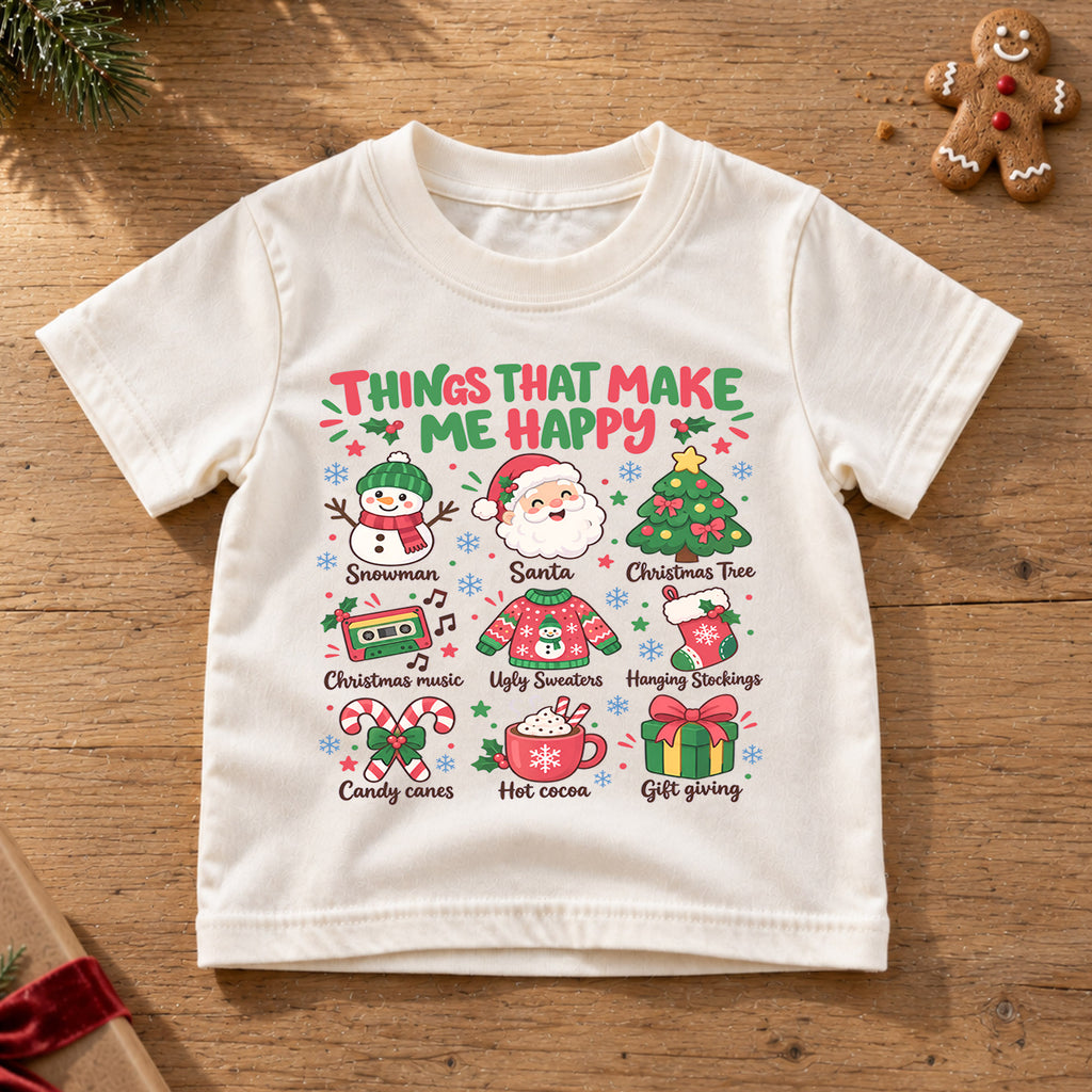 Things That Make Me Happy Christmas Kids Shirt, Santa Snowman Holiday Tee, Cute Christmas Favorites Shirt, Festive Xmas Gift for Kids — product view 6