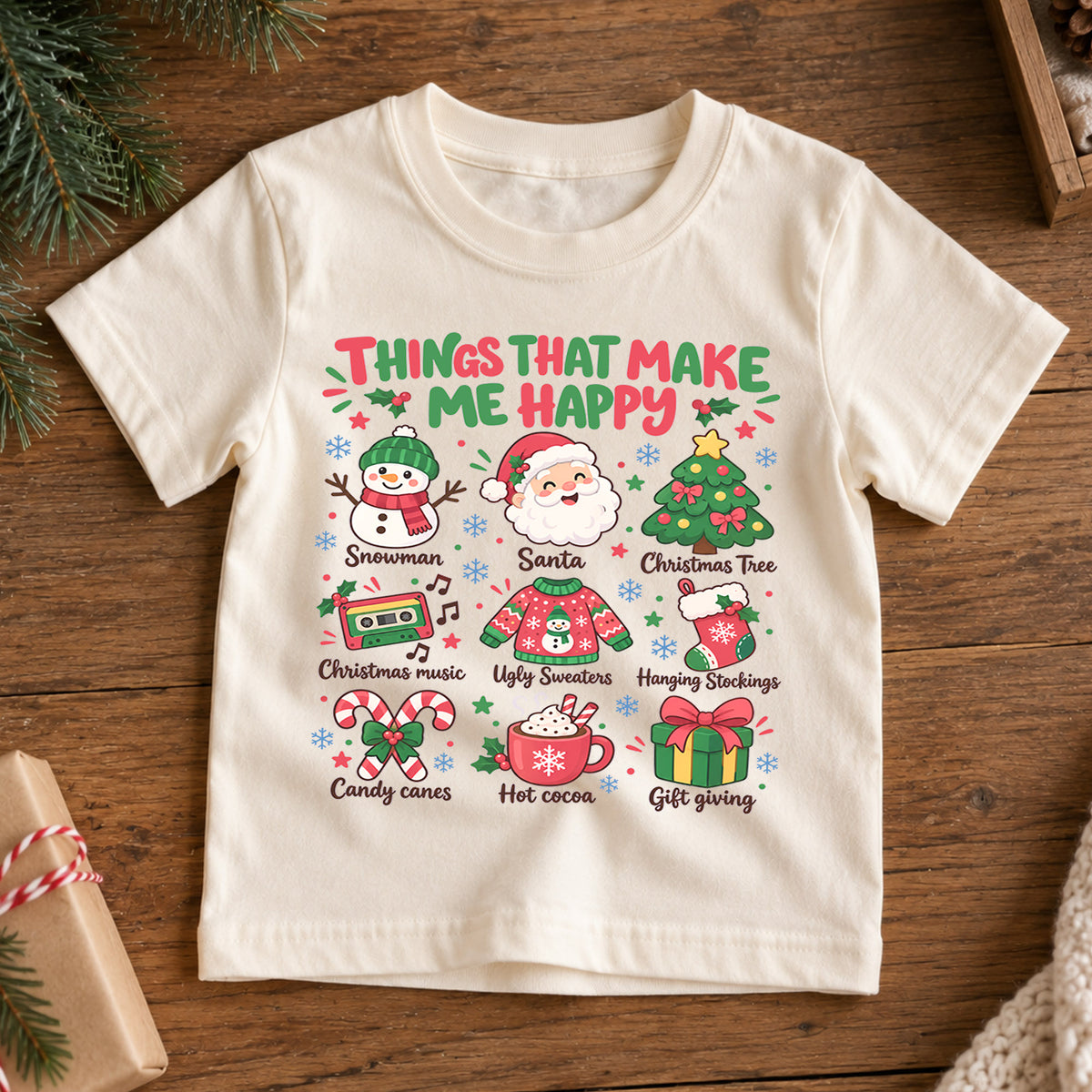 Things That Make Me Happy Christmas Kids Shirt, Santa Snowman Holiday Tee, Cute Christmas Favorites Shirt, Festive Xmas Gift for Kids — product view 7
