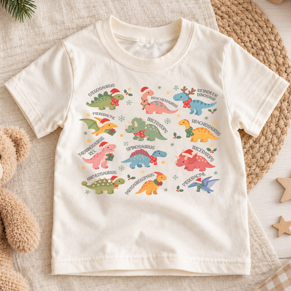 Christmas Dinosaur Kids Shirt, Cute Dino Species Holiday Tee, Santa Hat Dinosaur Outfit for Boys Girls, Educational Christmas Gift for Kids — product view 1