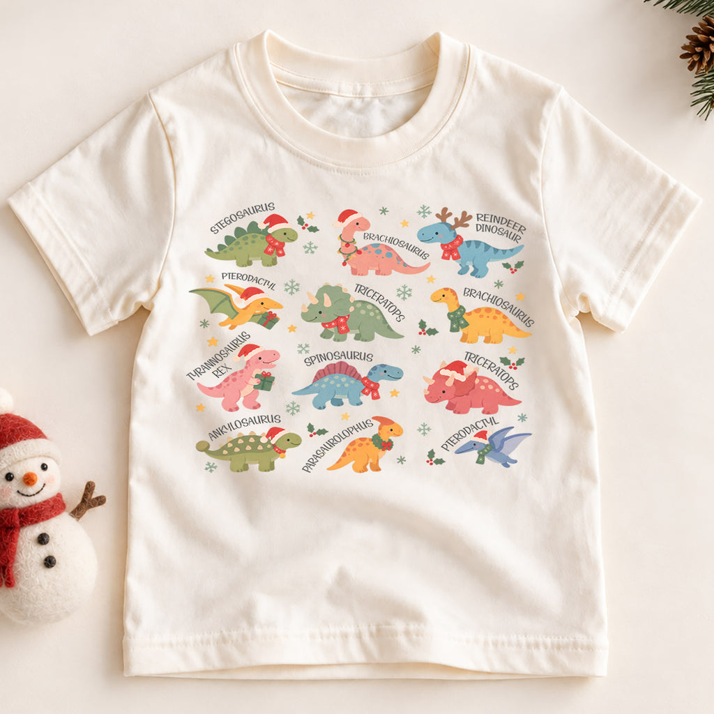 Christmas Dinosaur Kids Shirt, Cute Dino Species Holiday Tee, Santa Hat Dinosaur Outfit for Boys Girls, Educational Christmas Gift for Kids — product view 2