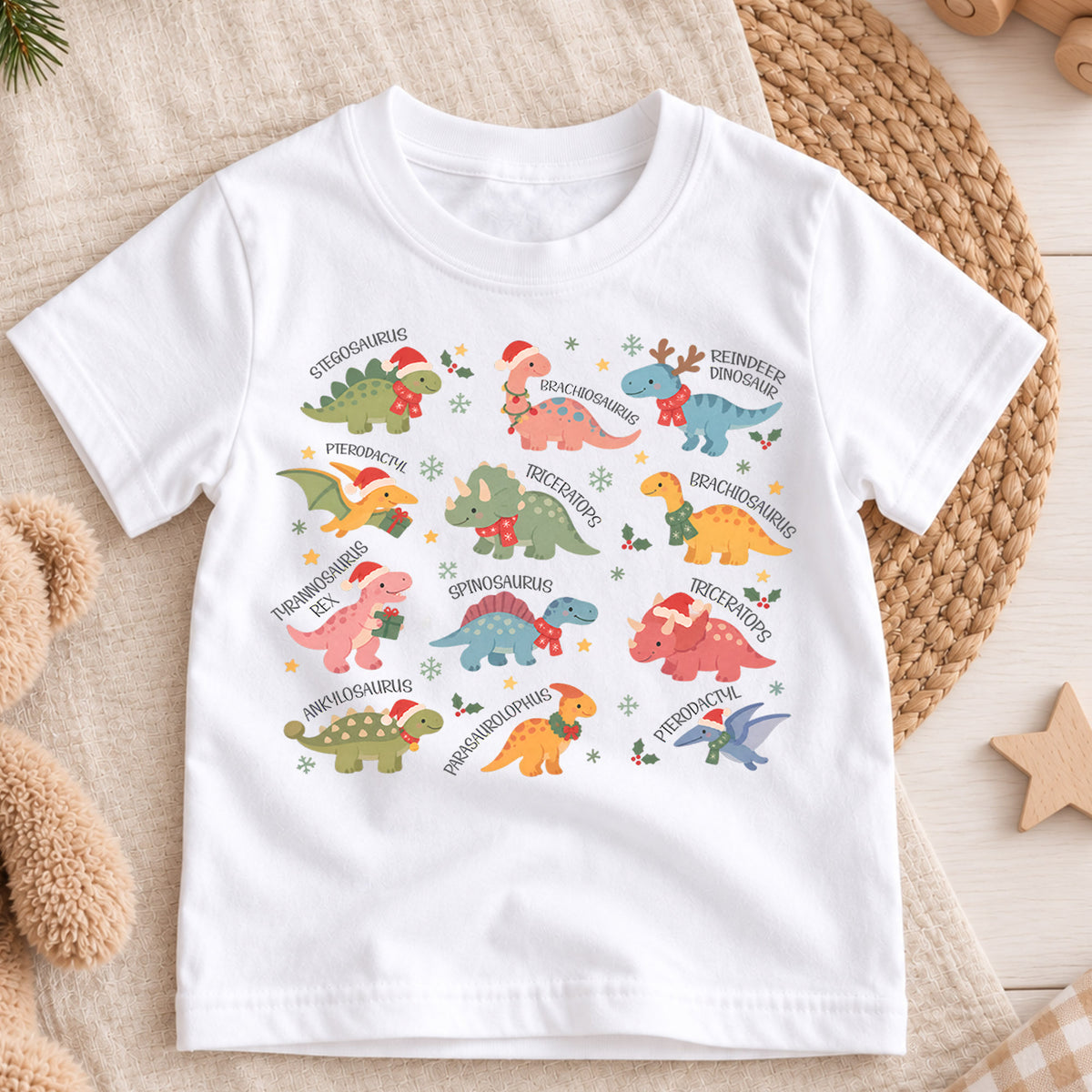 Christmas Dinosaur Kids Shirt, Cute Dino Species Holiday Tee, Santa Hat Dinosaur Outfit for Boys Girls, Educational Christmas Gift for Kids — product view 3