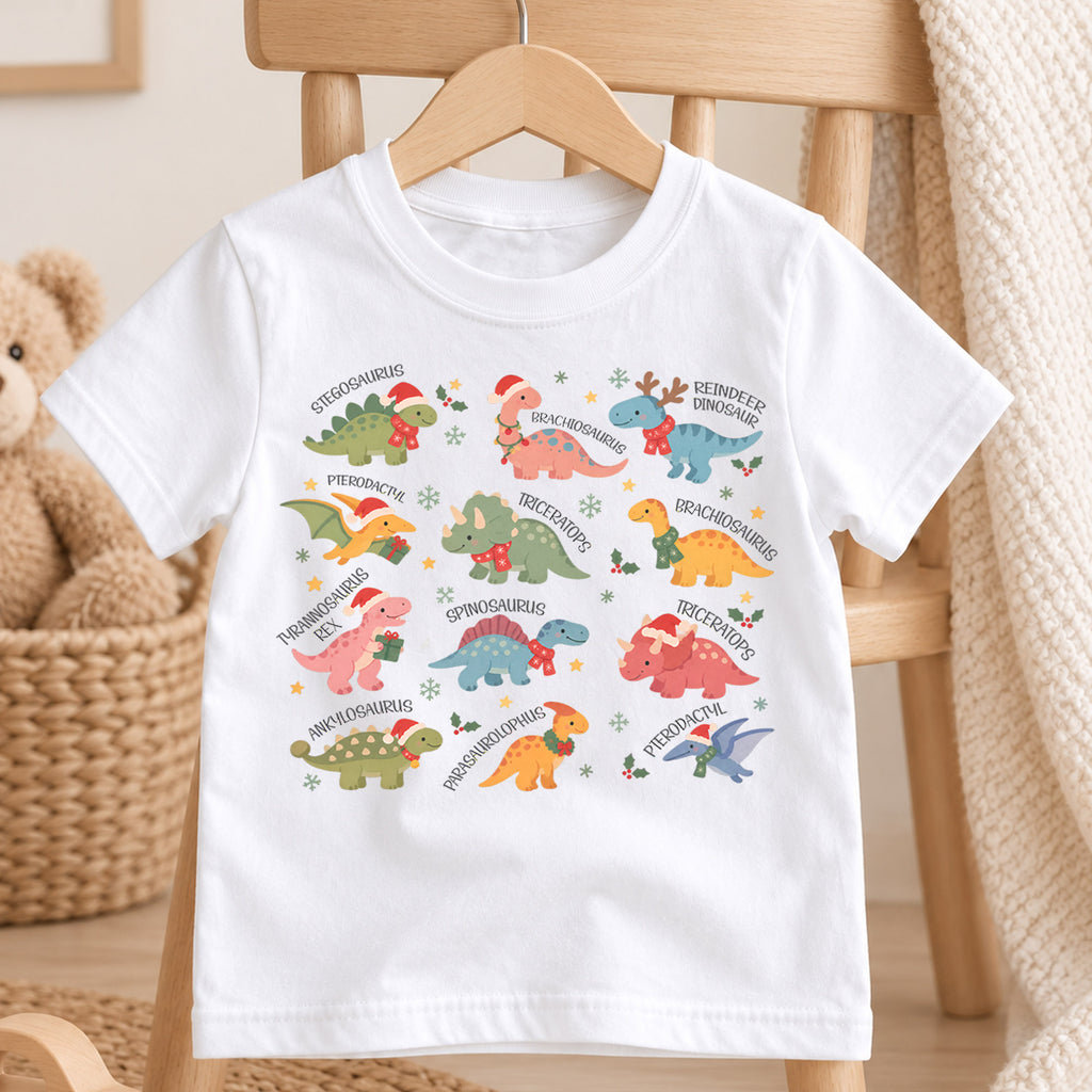 Christmas Dinosaur Kids Shirt, Cute Dino Species Holiday Tee, Santa Hat Dinosaur Outfit for Boys Girls, Educational Christmas Gift for Kids — product view 4