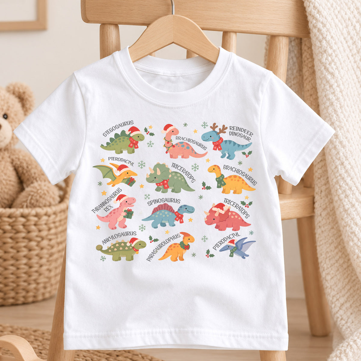 Christmas Dinosaur Kids Shirt, Cute Dino Species Holiday Tee, Santa Hat Dinosaur Outfit for Boys Girls, Educational Christmas Gift for Kids — product view 4