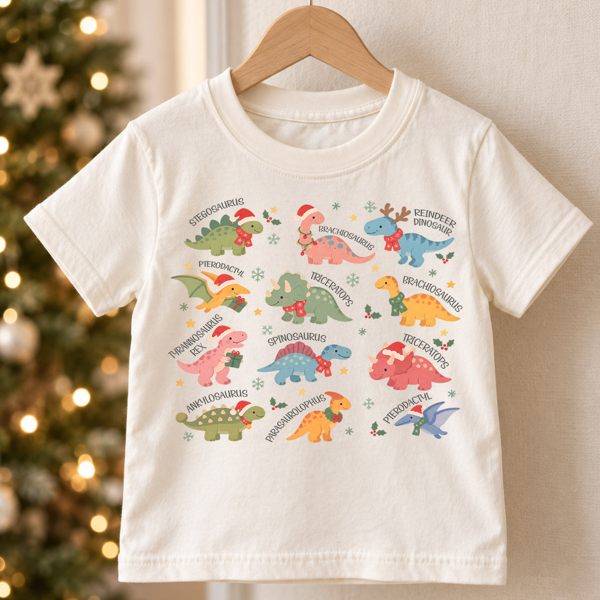 Christmas Dinosaur Kids Shirt, Cute Dino Species Holiday Tee, Santa Hat Dinosaur Outfit for Boys Girls, Educational Christmas Gift for Kids — product view 5