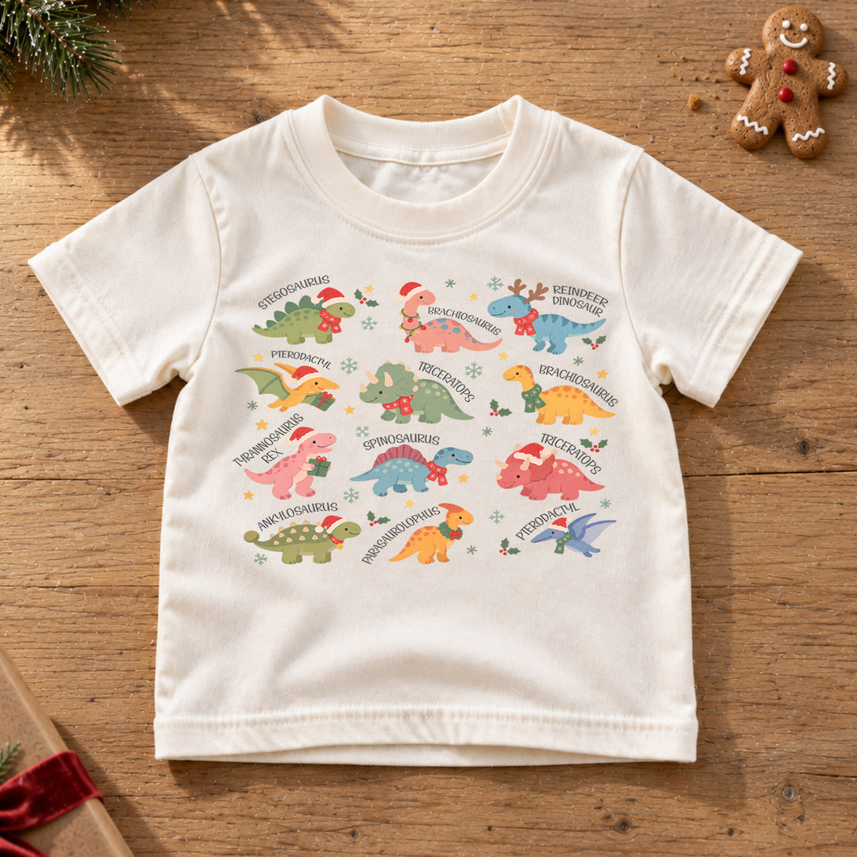 Christmas Dinosaur Kids Shirt, Cute Dino Species Holiday Tee, Santa Hat Dinosaur Outfit for Boys Girls, Educational Christmas Gift for Kids — product view 6