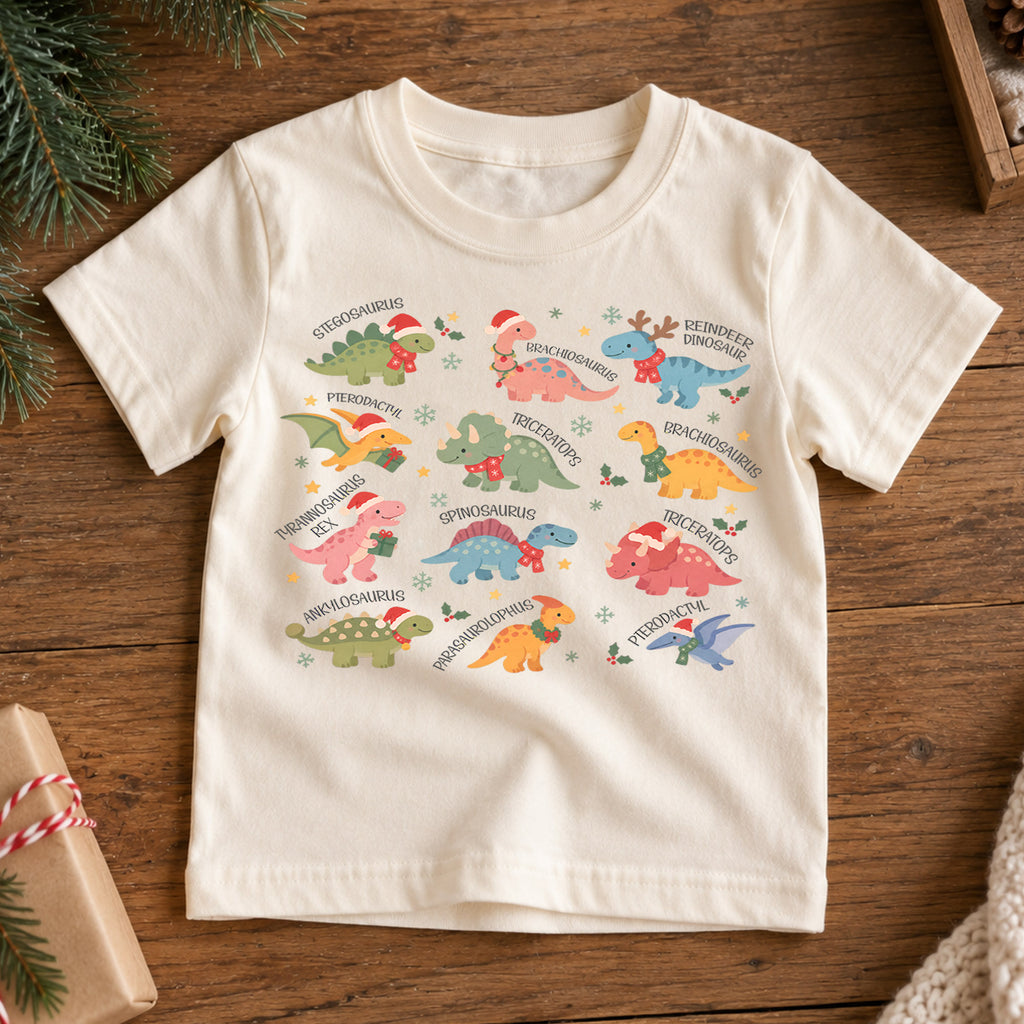 Christmas Dinosaur Kids Shirt, Cute Dino Species Holiday Tee, Santa Hat Dinosaur Outfit for Boys Girls, Educational Christmas Gift for Kids — product view 7