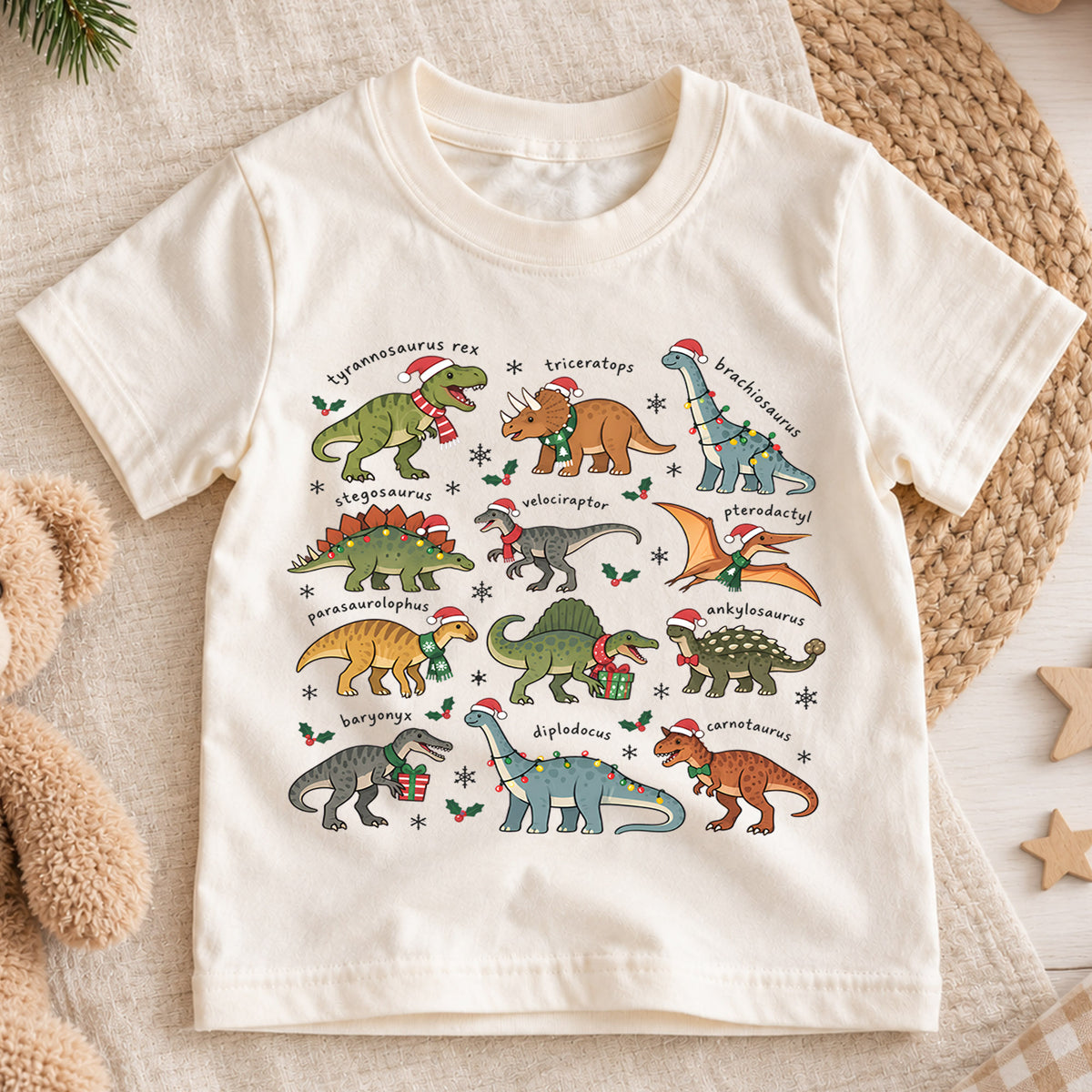 Dinosaur Christmas Kids Shirt, T Rex Triceratops Stegosaurus Tee, Santa Hat Dino Holiday Outfit for Boys Girls, Educational Christmas Gift — product view 1