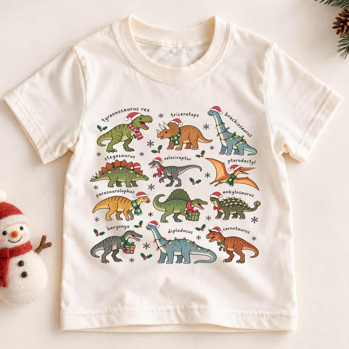 Dinosaur Christmas Kids Shirt, T Rex Triceratops Stegosaurus Tee, Santa Hat Dino Holiday Outfit for Boys Girls, Educational Christmas Gift — product view 2