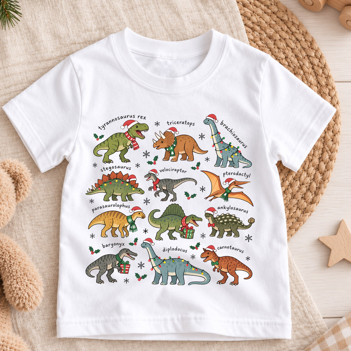 Dinosaur Christmas Kids Shirt, T Rex Triceratops Stegosaurus Tee, Santa Hat Dino Holiday Outfit for Boys Girls, Educational Christmas Gift — product view 3