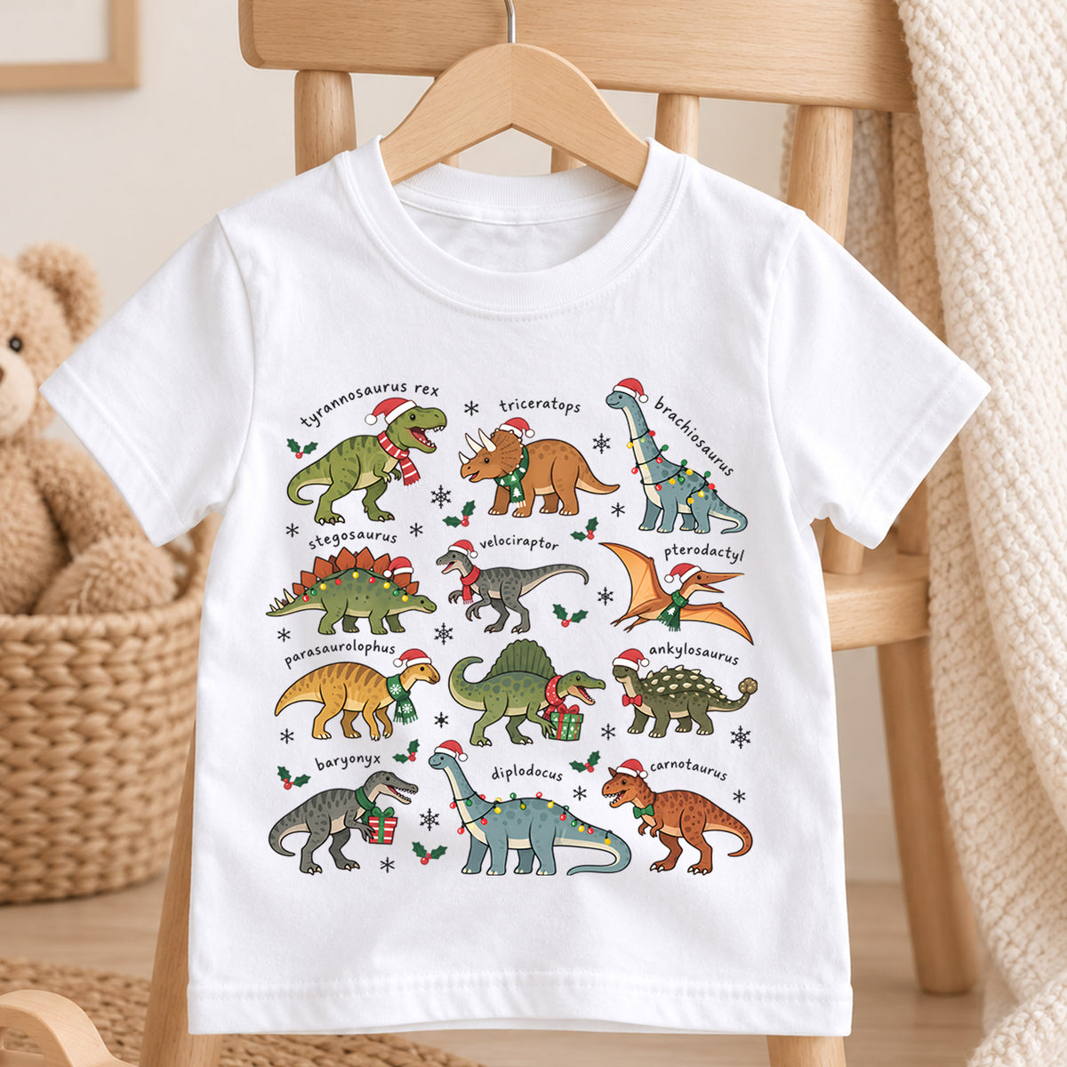 Dinosaur Christmas Kids Shirt, T Rex Triceratops Stegosaurus Tee, Santa Hat Dino Holiday Outfit for Boys Girls, Educational Christmas Gift — product view 4