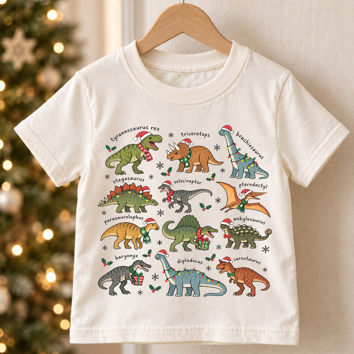 Dinosaur Christmas Kids Shirt, T Rex Triceratops Stegosaurus Tee, Santa Hat Dino Holiday Outfit for Boys Girls, Educational Christmas Gift — product view 5
