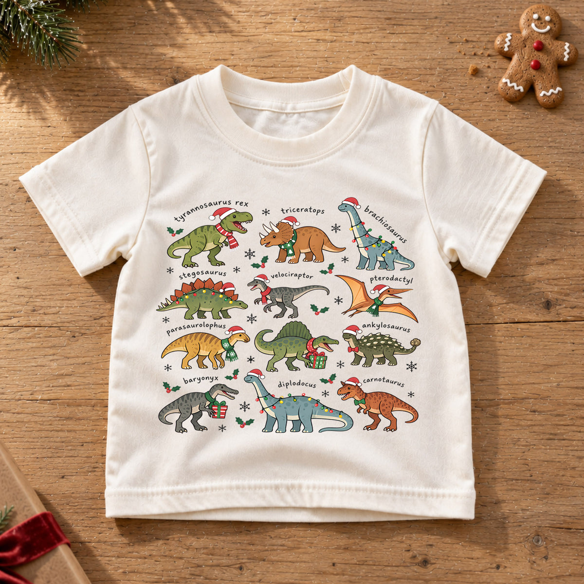 Dinosaur Christmas Kids Shirt, T Rex Triceratops Stegosaurus Tee, Santa Hat Dino Holiday Outfit for Boys Girls, Educational Christmas Gift — product view 6