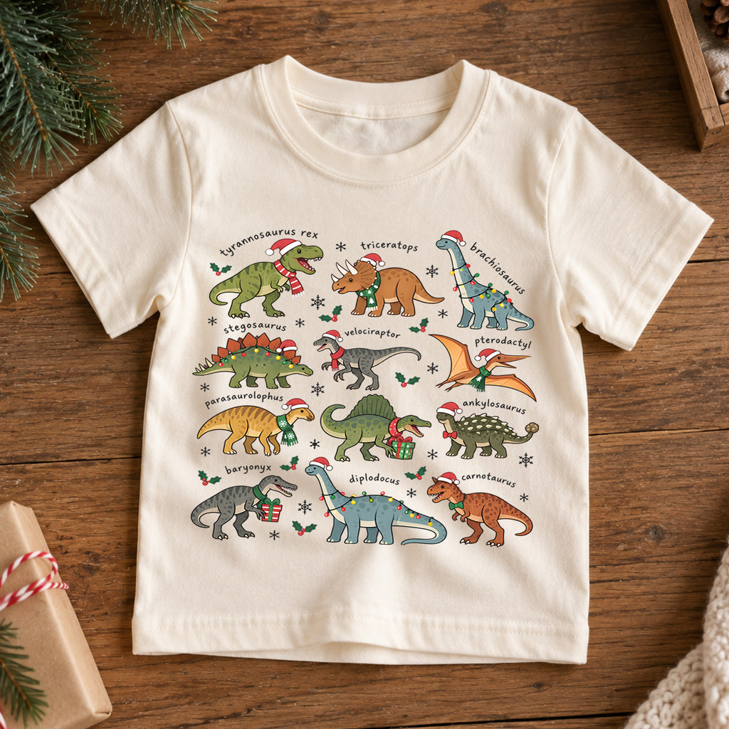 Dinosaur Christmas Kids Shirt, T Rex Triceratops Stegosaurus Tee, Santa Hat Dino Holiday Outfit for Boys Girls, Educational Christmas Gift — product view 7
