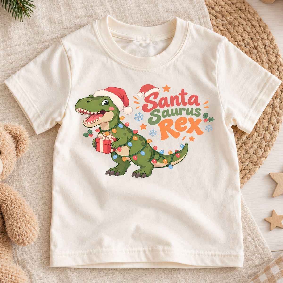 Santa Saurus Rex Kids Christmas Shirt, T Rex Dinosaur Holiday Tee, Cute Dino Xmas T Shirt, Christmas Gift for Boys — product view 1