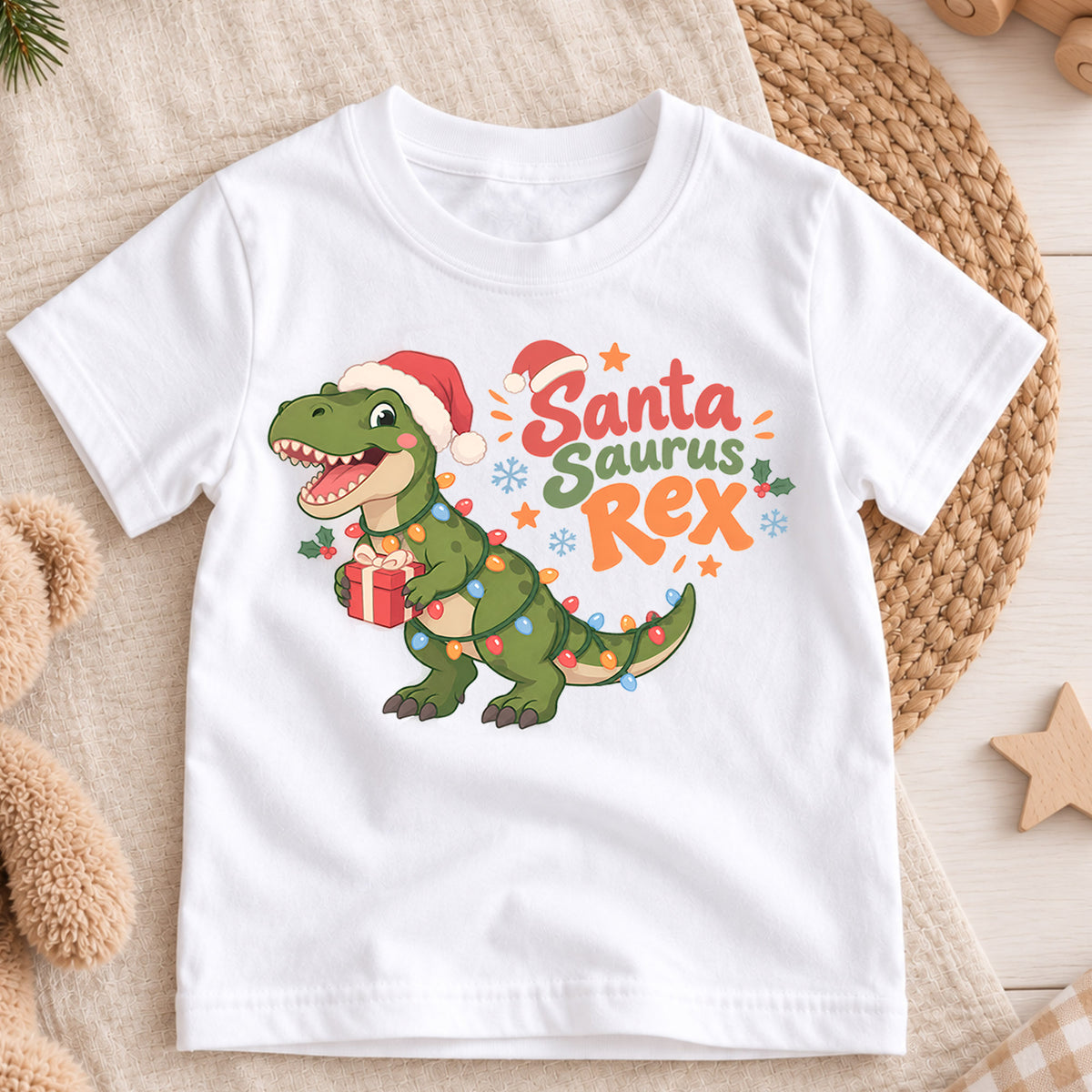 Santa Saurus Rex Kids Christmas Shirt, T Rex Dinosaur Holiday Tee, Cute Dino Xmas T Shirt, Christmas Gift for Boys — product view 3
