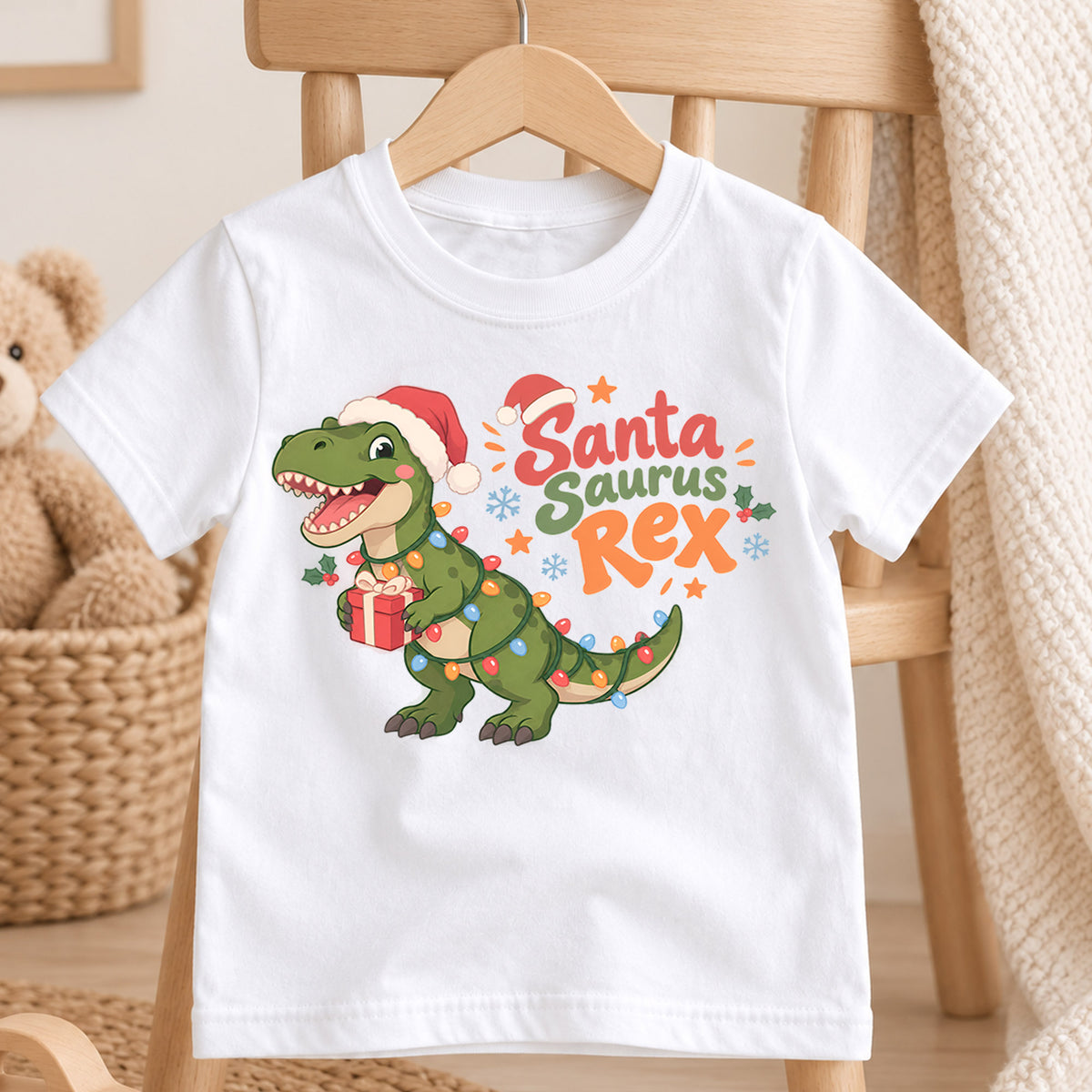 Santa Saurus Rex Kids Christmas Shirt, T Rex Dinosaur Holiday Tee, Cute Dino Xmas T Shirt, Christmas Gift for Boys — product view 4