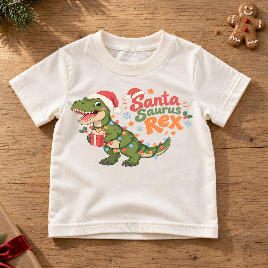 Santa Saurus Rex Kids Christmas Shirt, T Rex Dinosaur Holiday Tee, Cute Dino Xmas T Shirt, Christmas Gift for Boys — product view 6