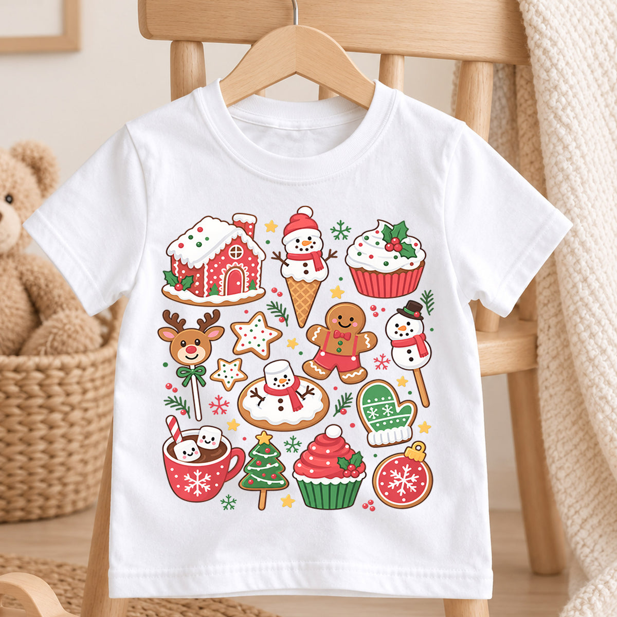 Christmas Sweets Kids Shirt, Gingerbread Cookie Holiday Tee, Hot Cocoa Christmas T Shirt, Cute Xmas Treat Gift for Kids — product view 4