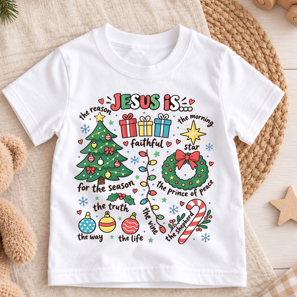 Jesus Is the Reason Christmas Kids Shirt, Christian Christmas Tee, Faith Based Holiday Shirt for Boys and Girls, Religious Christmas Gift — product view 3
