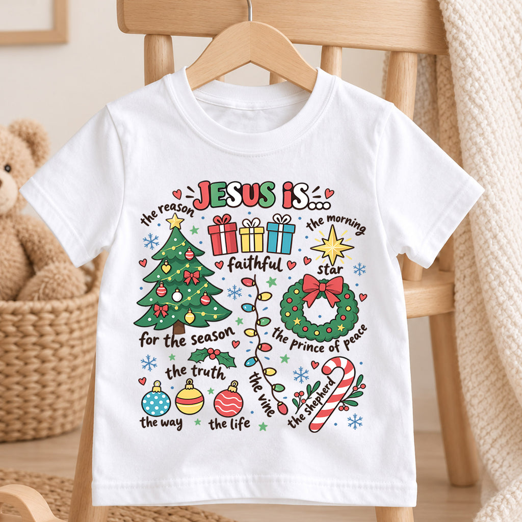 Jesus Is the Reason Christmas Kids Shirt, Christian Christmas Tee, Faith Based Holiday Shirt for Boys and Girls, Religious Christmas Gift — product view 4