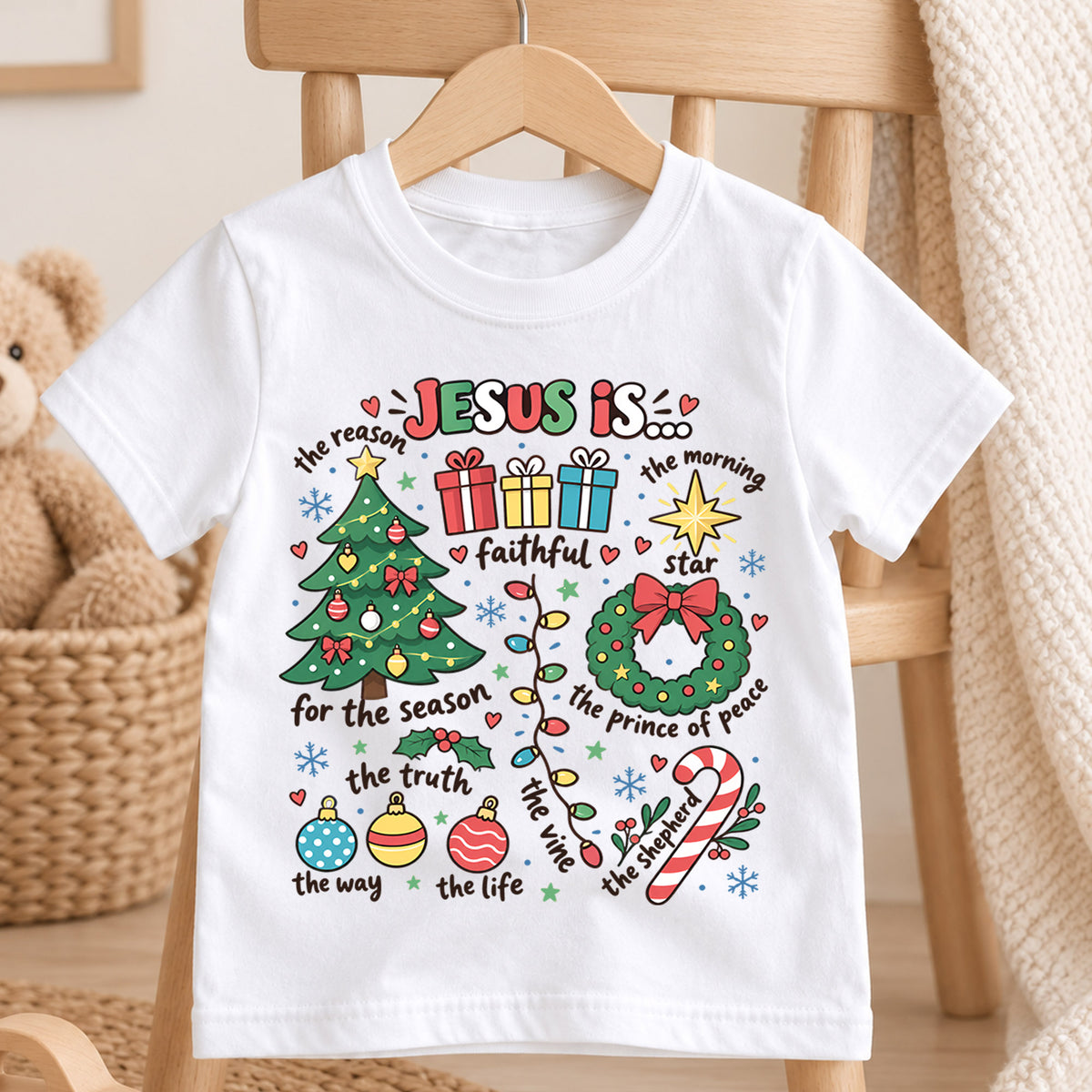 Jesus Is the Reason Christmas Kids Shirt, Christian Christmas Tee, Faith Based Holiday Shirt for Boys and Girls, Religious Christmas Gift — product view 4