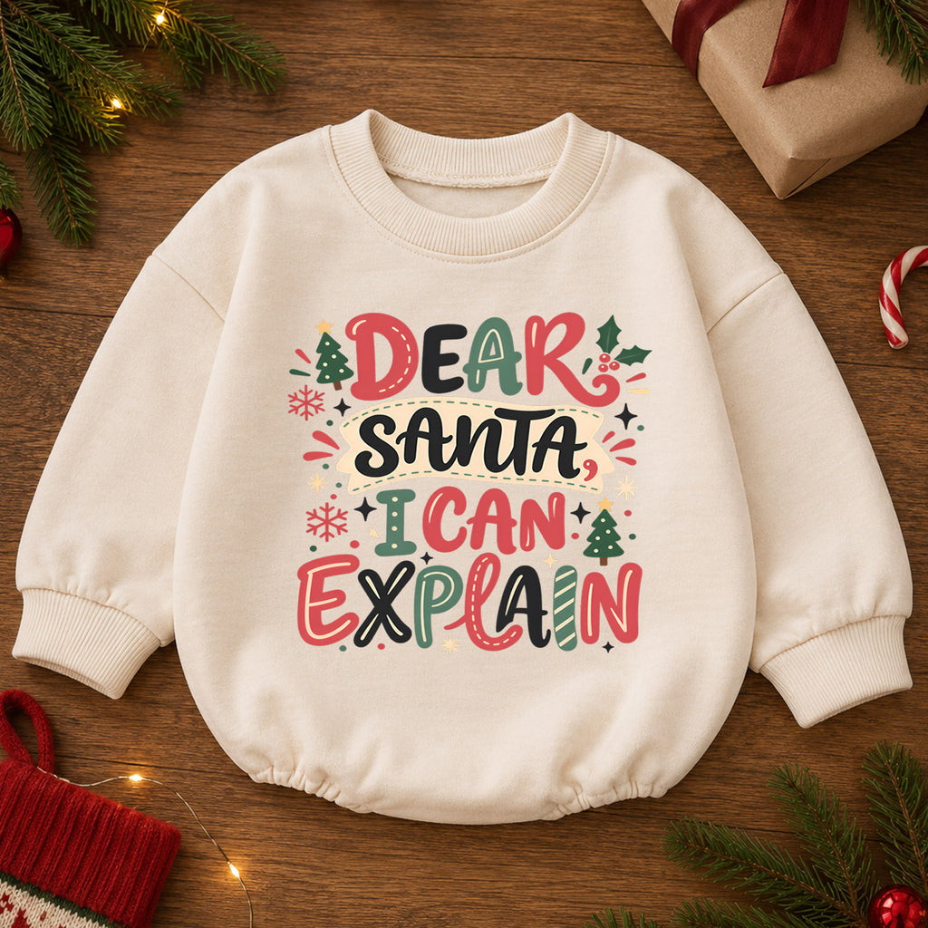 Dear Santa I Can Explain Baby Romper, Funny Christmas Quote Outfit, Toddler Holiday Romper, Cute 1st Christmas Gift — product view 2