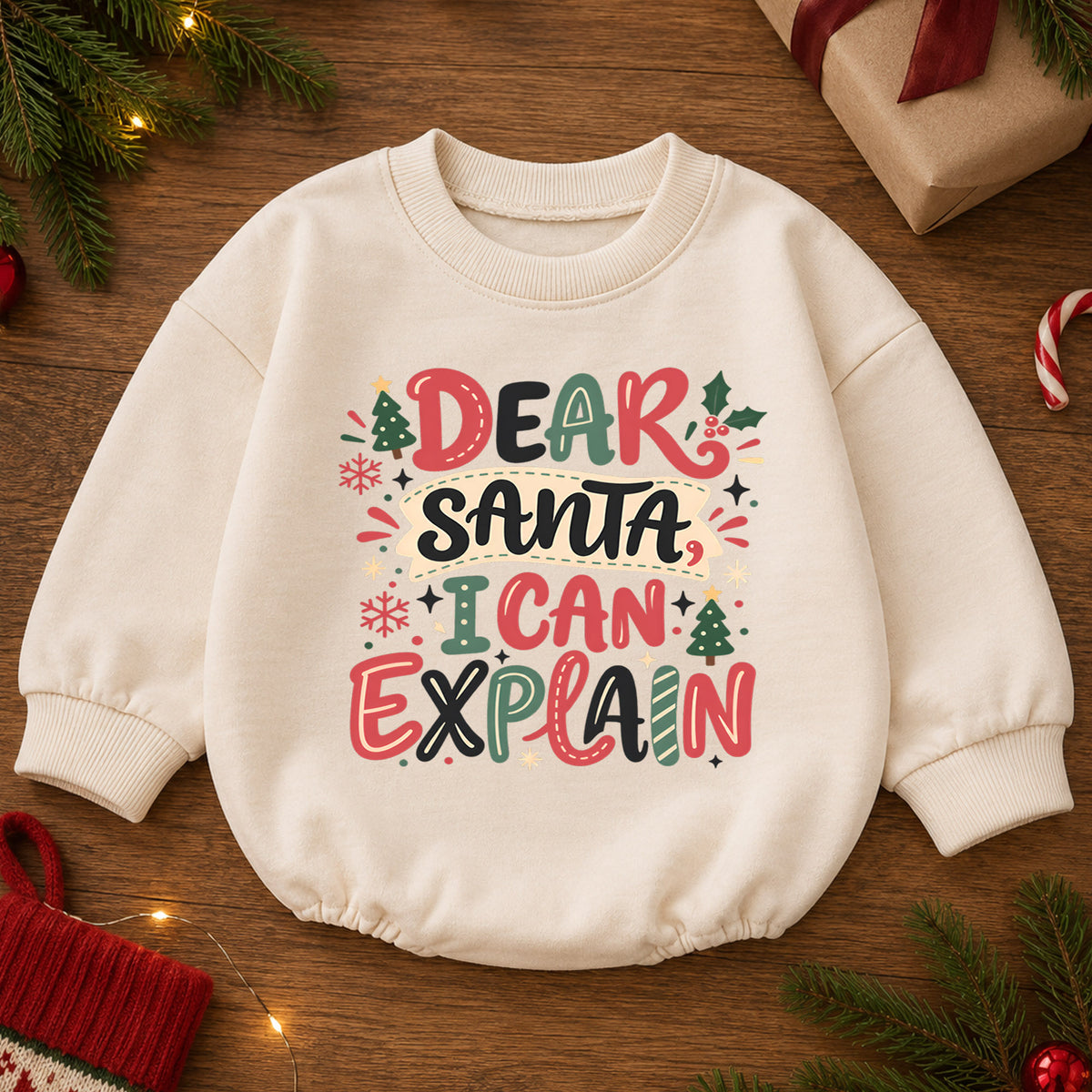 Dear Santa I Can Explain Baby Romper, Funny Christmas Quote Outfit, Toddler Holiday Romper, Cute 1st Christmas Gift — product view 2