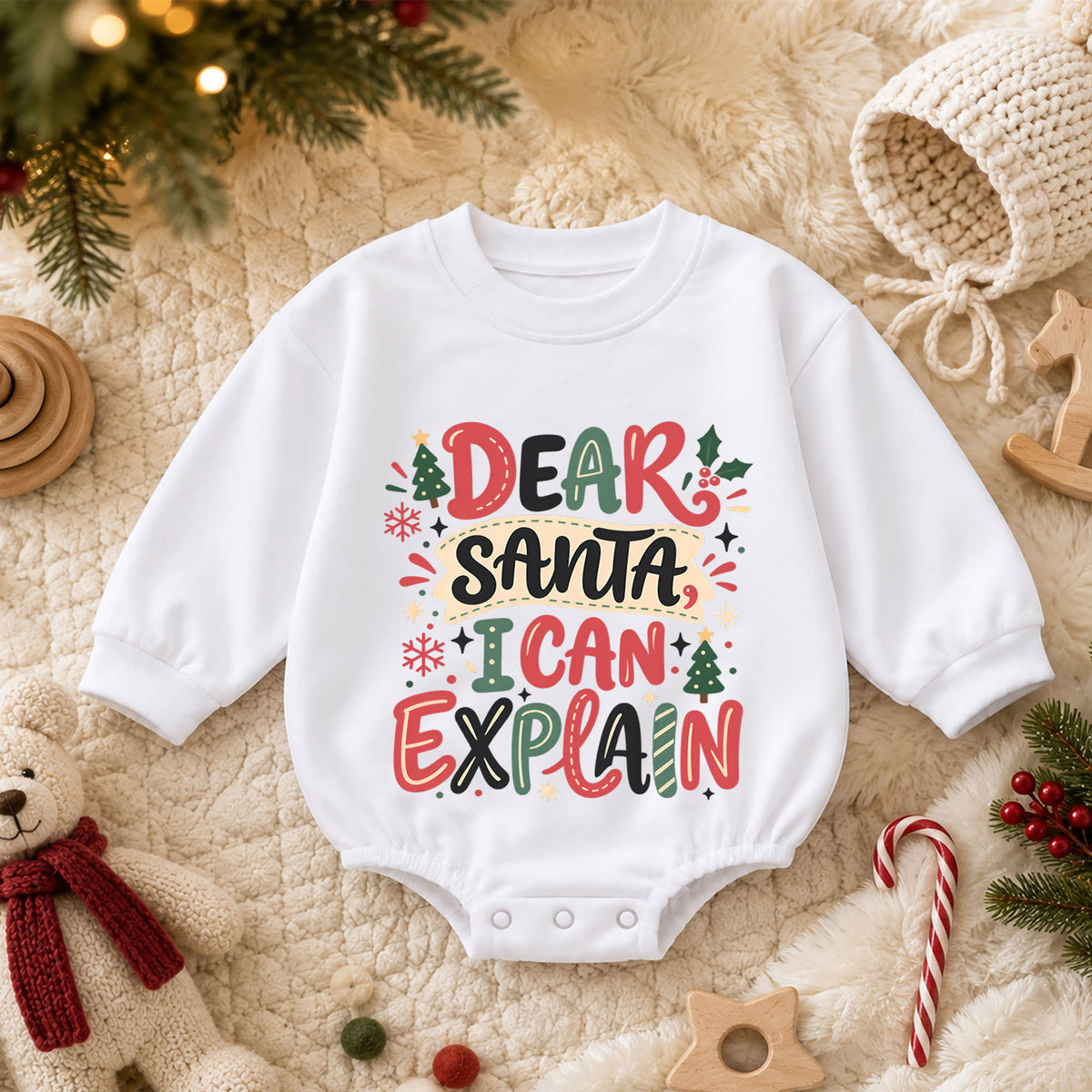 Dear Santa I Can Explain Baby Romper, Funny Christmas Quote Outfit, Toddler Holiday Romper, Cute 1st Christmas Gift — product view 3
