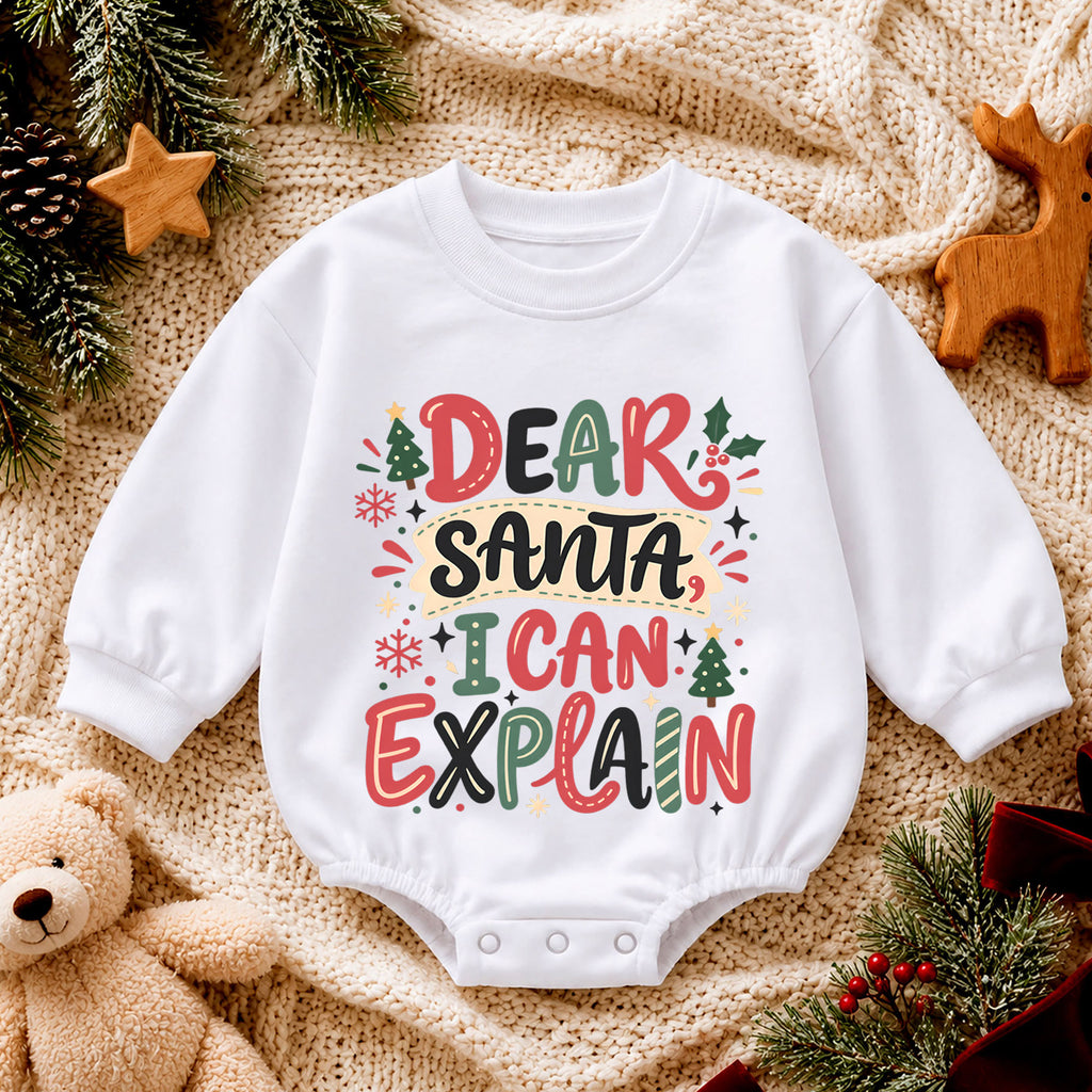 Dear Santa I Can Explain Baby Romper, Funny Christmas Quote Outfit, Toddler Holiday Romper, Cute 1st Christmas Gift — product view 4