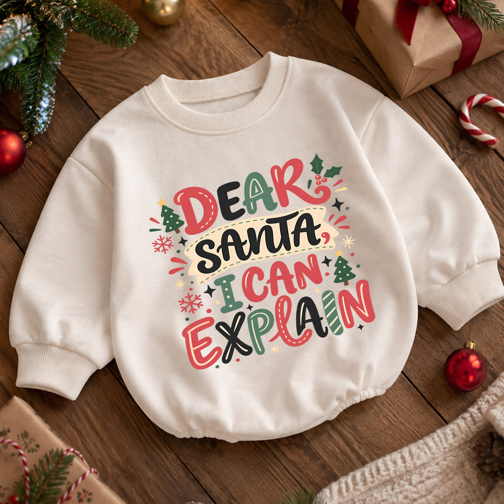 Dear Santa I Can Explain Baby Romper, Funny Christmas Quote Outfit, Toddler Holiday Romper, Cute 1st Christmas Gift — product view 5