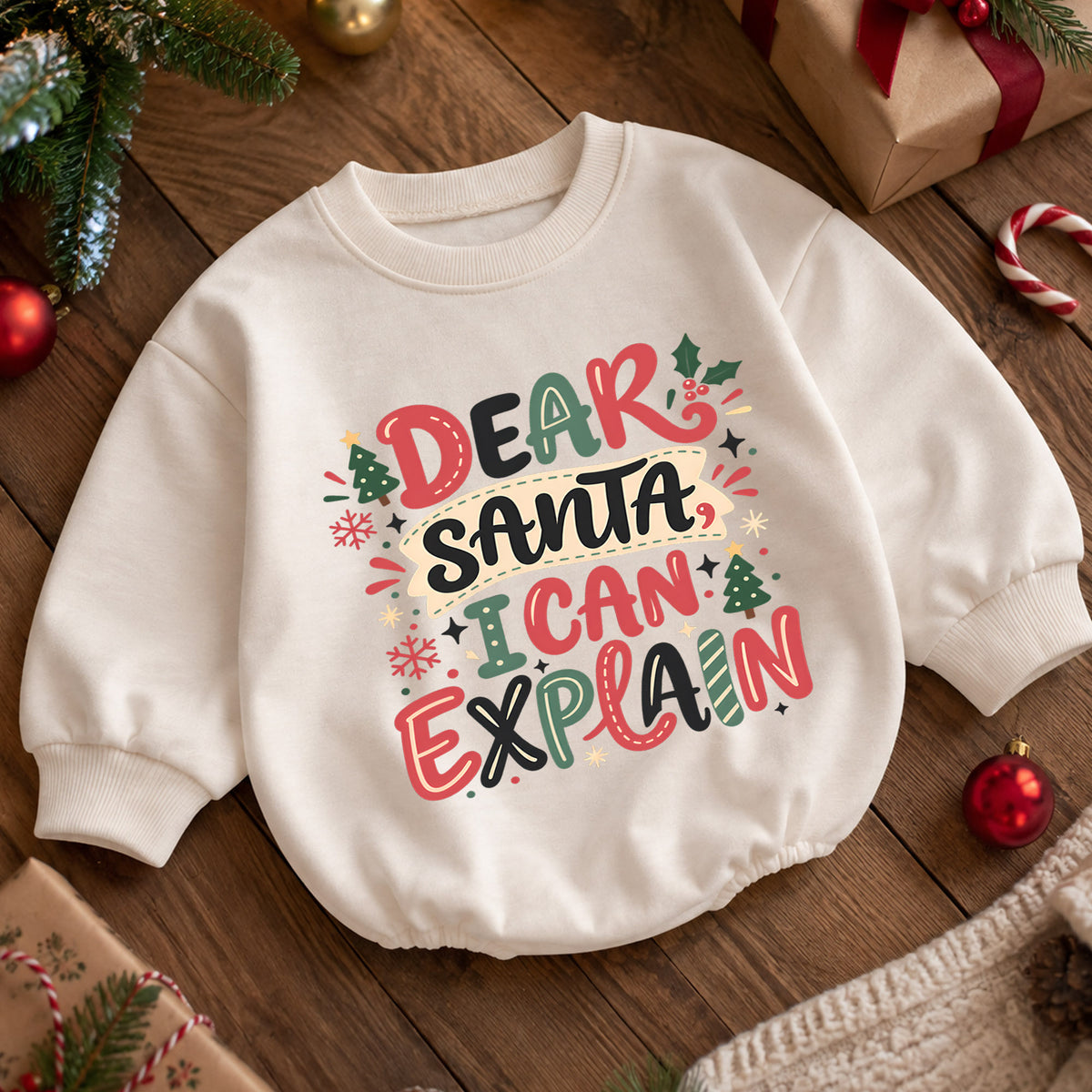 Dear Santa I Can Explain Baby Romper, Funny Christmas Quote Outfit, Toddler Holiday Romper, Cute 1st Christmas Gift — product view 5