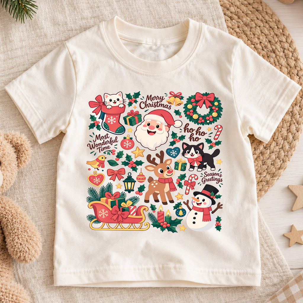 Cute Christmas Collage Kids Shirt, Santa Reindeer Snowman Cat Tee, Merry Christmas Holiday Shirt for Kids, Festive Xmas Gift for Boys and Girls — product view 1