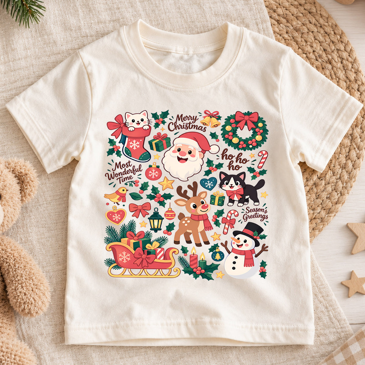 Cute Christmas Collage Kids Shirt, Santa Reindeer Snowman Cat Tee, Merry Christmas Holiday Shirt for Kids, Festive Xmas Gift for Boys and Girls — product view 1
