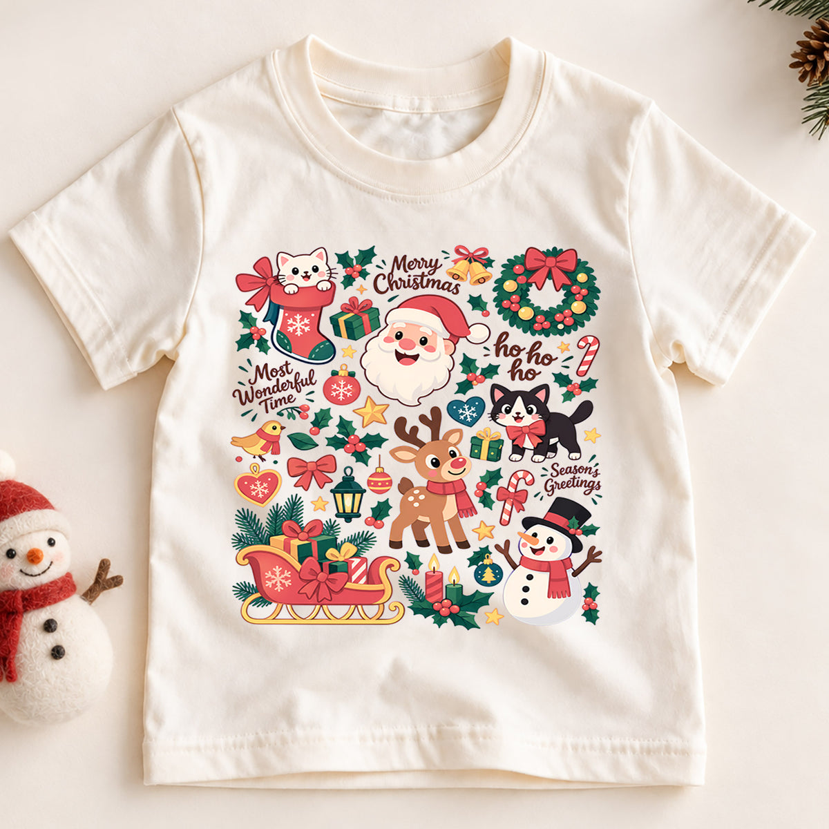 Cute Christmas Collage Kids Shirt, Santa Reindeer Snowman Cat Tee, Merry Christmas Holiday Shirt for Kids, Festive Xmas Gift for Boys and Girls — product view 2